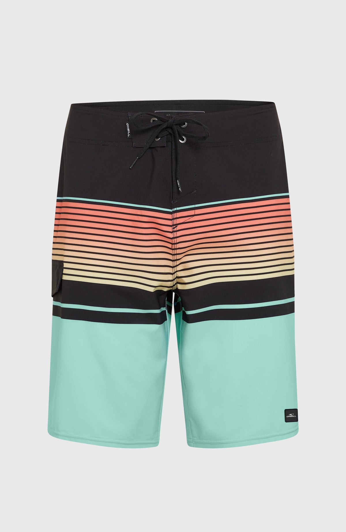 Lennox Stripe 21'' Boardshorts für Herren, blau mit Streifenmuster in Orange und Gelb, freigestellt von vorne