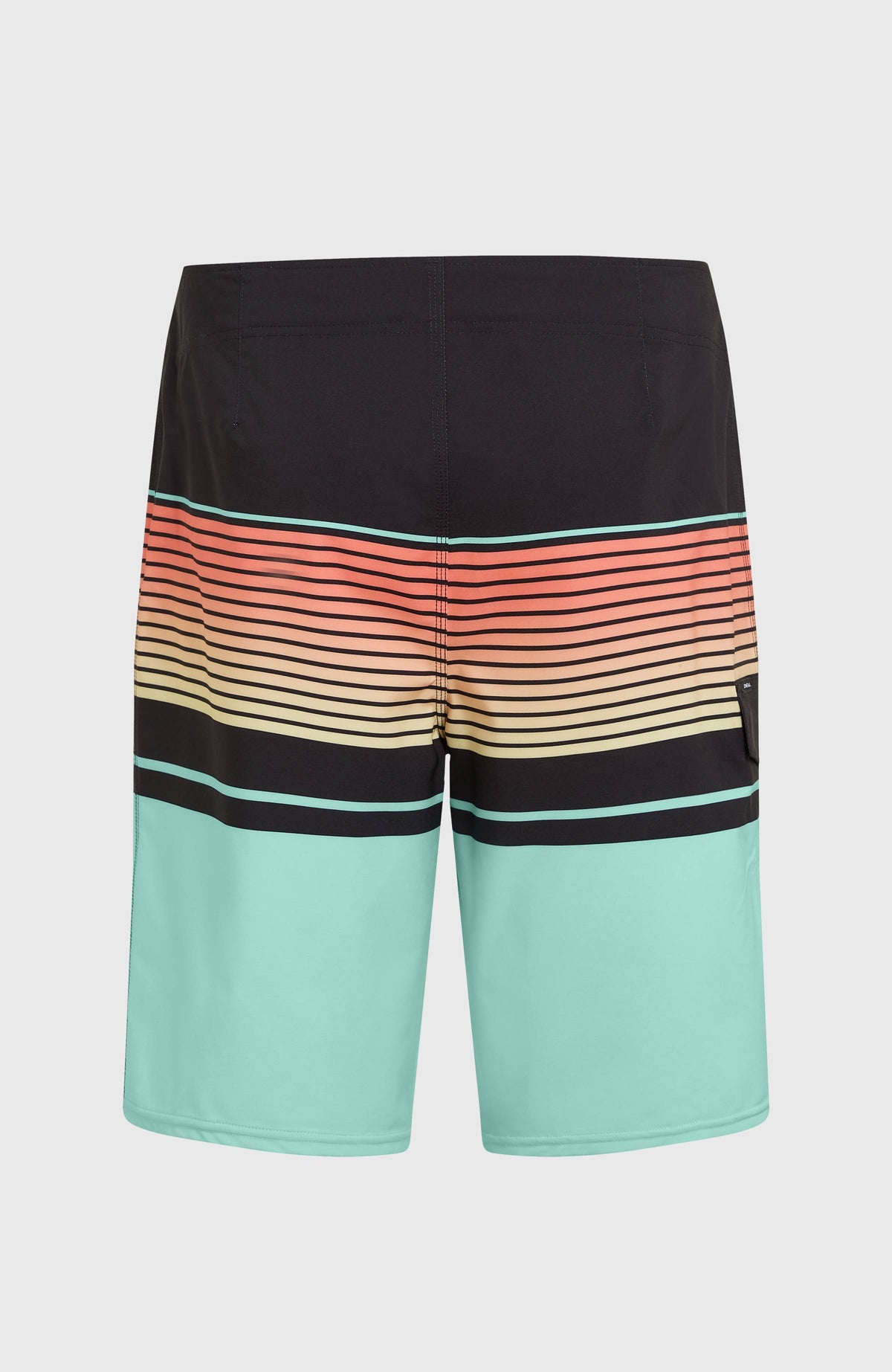 Lennox Stripe 21'' Boardshorts für Herren, blau mit Streifenmuster in Orange und Gelb, freigestellt von hinten