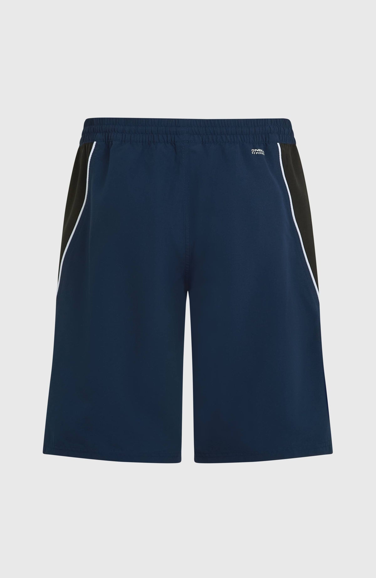 90s 21'' Badehose für Herren, blau mit Logo-Print in Weiß und Schwarz, flach liegend von hinten mit Einsätzen