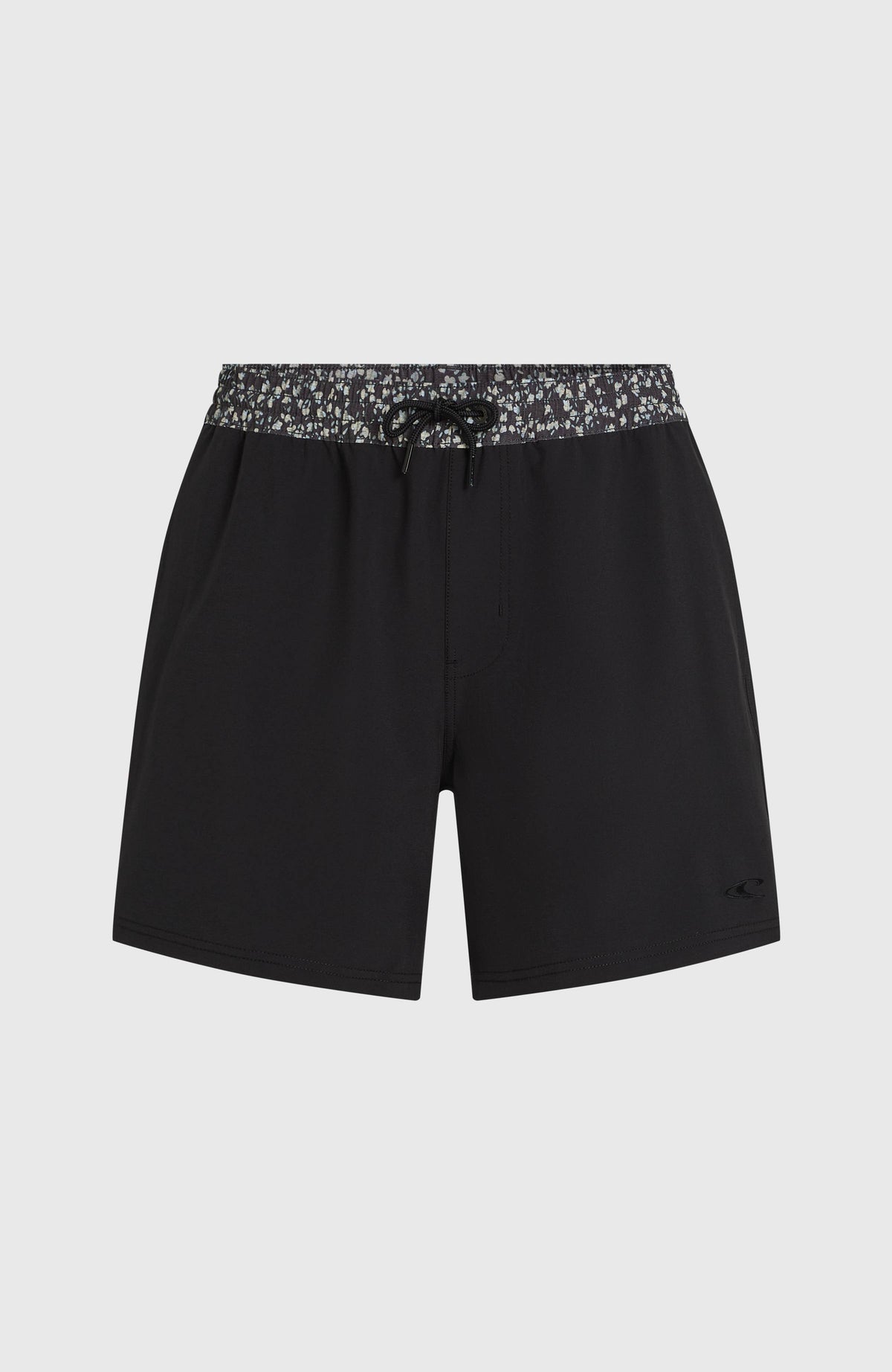 Schwarze Pocket Print 16'' Badehose für Herren, freigestellt von vorne, Bund mit Kordelzug