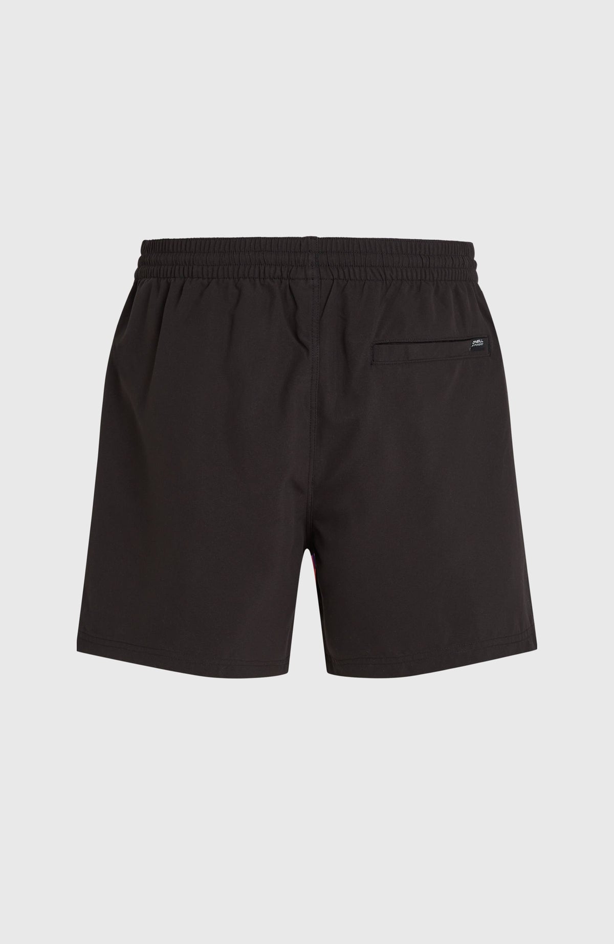 Block 15'' Badehose für Herren, schwarz mit Tropenmuster in Pink und Blau, flach liegend von hinten, Gesäßtasche