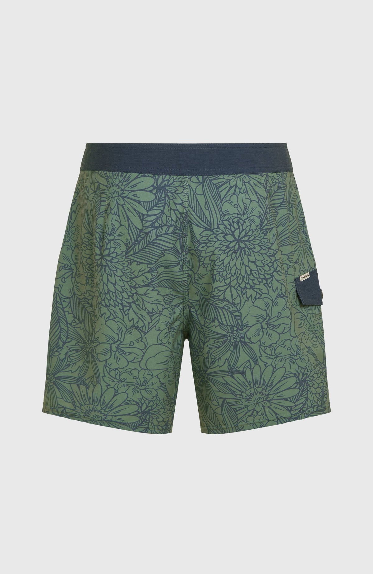 Lineup 18'' Boardshorts für Herren, grün mit Blumenmuster in Dunkelblau, freigestellt von hinten mit Gesäßtasche