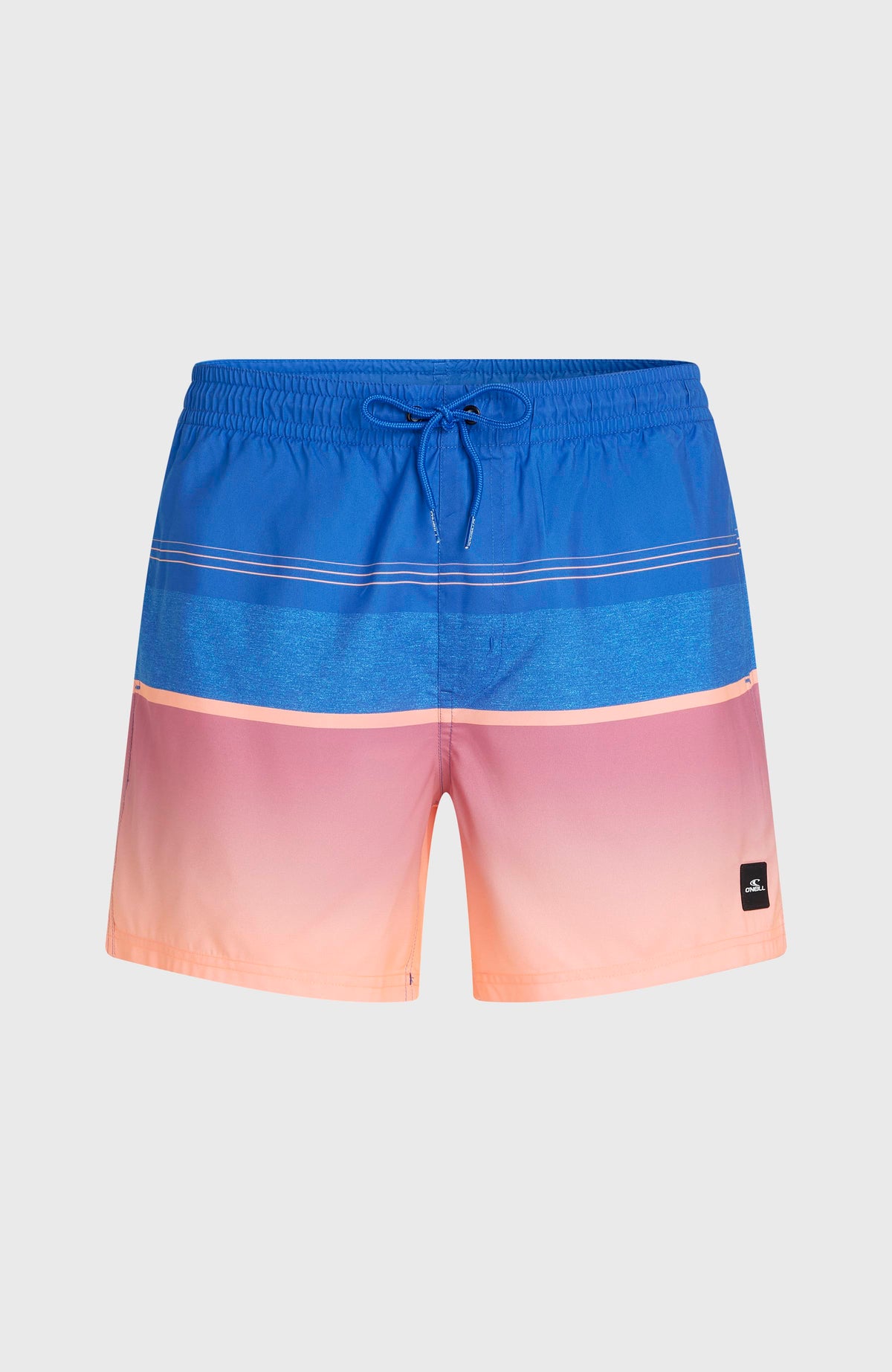 Gradient 15'' Badehose für Herren, blau mit Farbverlauf in Rosa und Orange, flach liegend von vorne mit Kordelzug