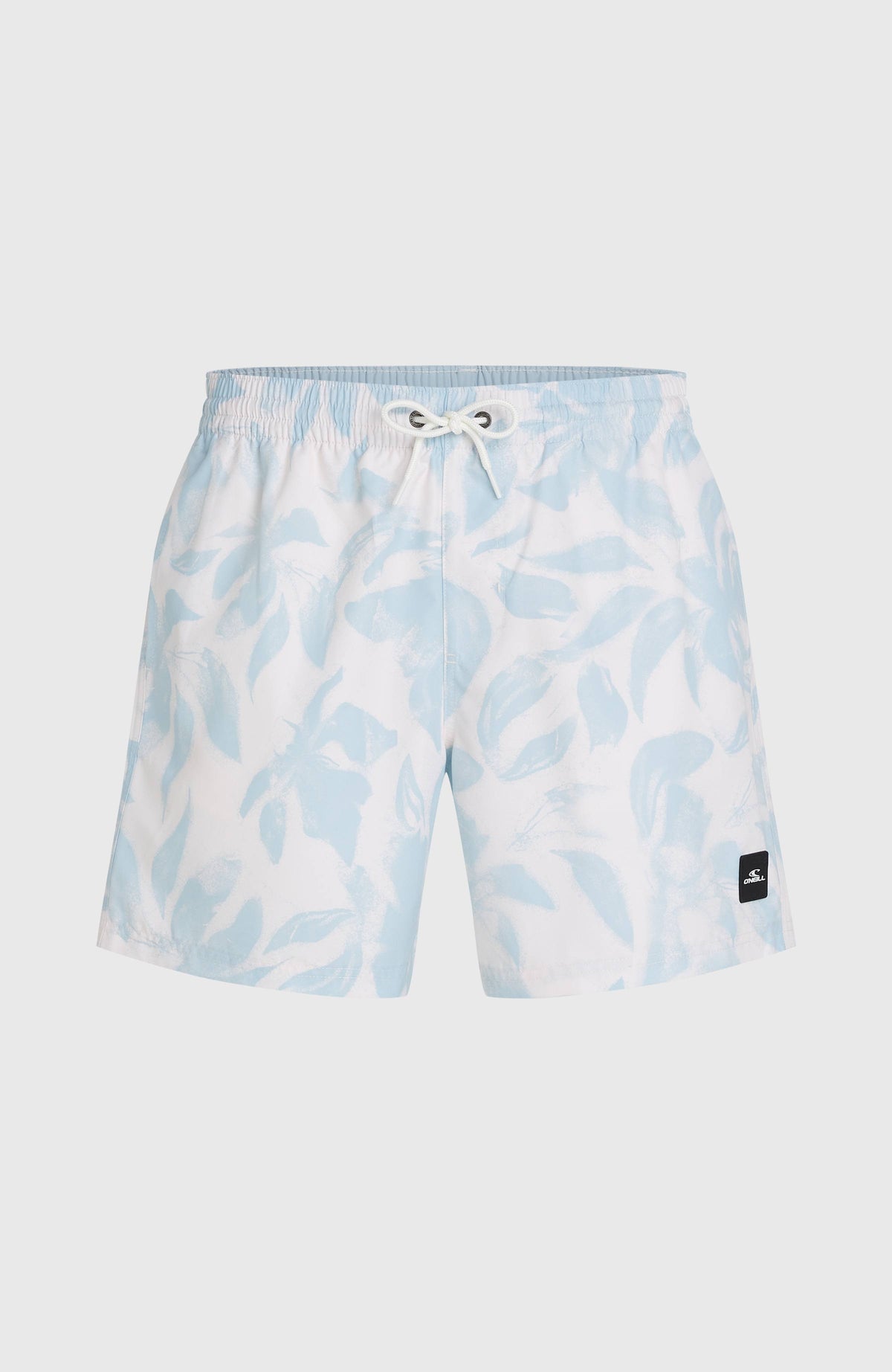 Print 16'' Badehose für Herren, weiß mit Blumenmuster in Hellblau, freigestellt von vorne, Kordelzug am Bund