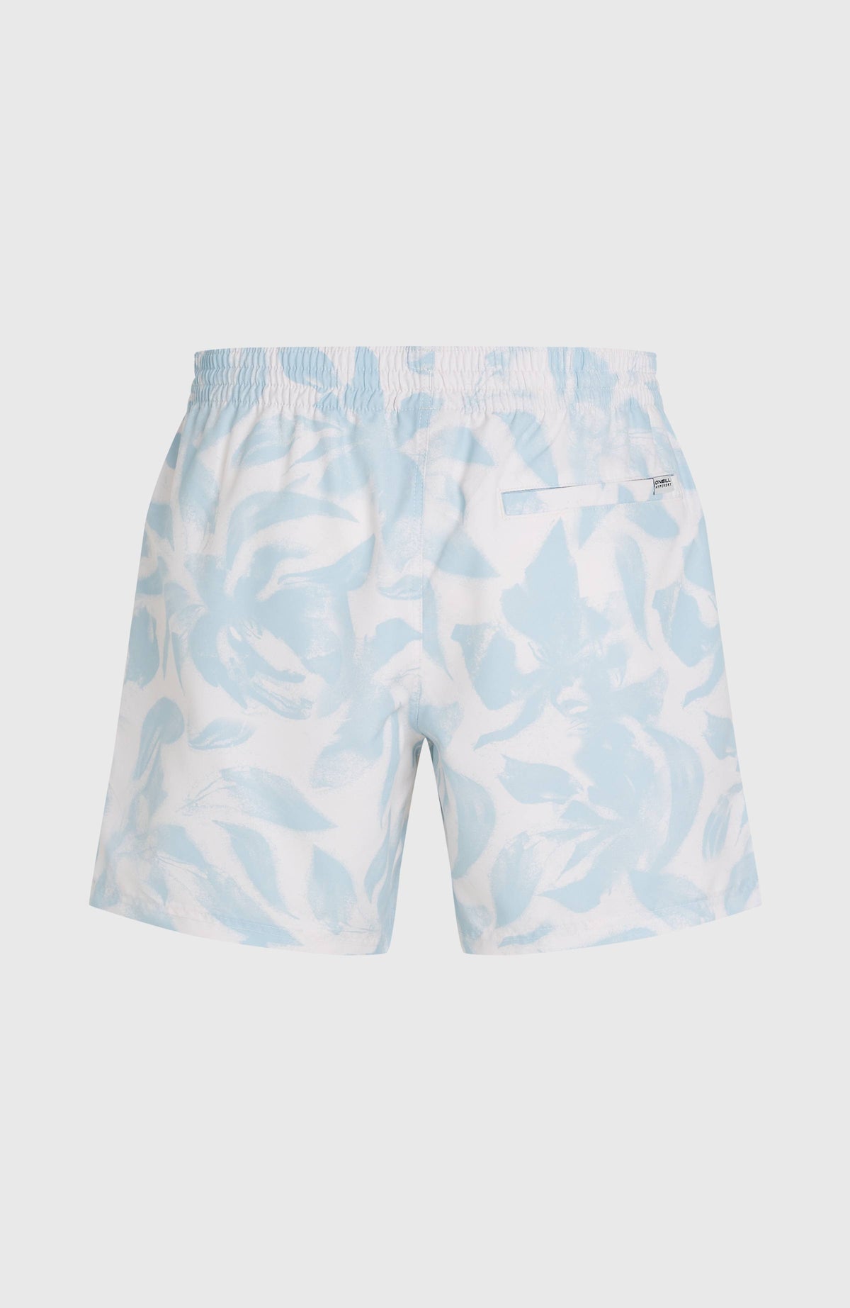 Print 16'' Badehose für Herren, weiß mit Blumenmuster in Hellblau, freigestellt von hinten, mit Gesäßtasche