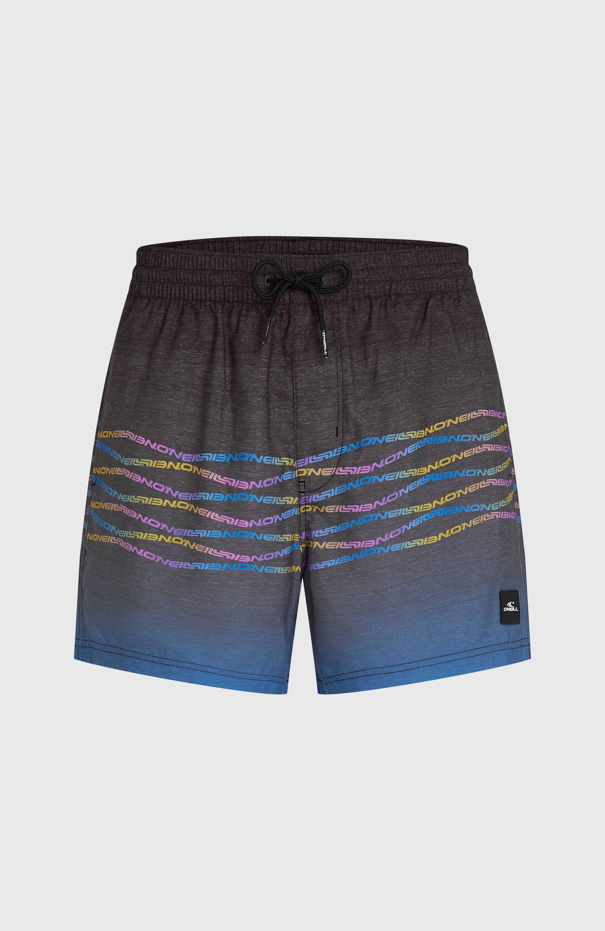 First 15'' Badehose, blau mit Logo-Print in Gelb und Pink, freigestellt von vorne mit Kordelzug am Bund