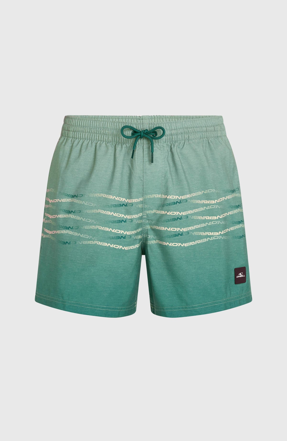 First 15'' Badehose für Herren, grün mit Logo-Print in Beige, flach liegend von vorne mit Kordelzug
