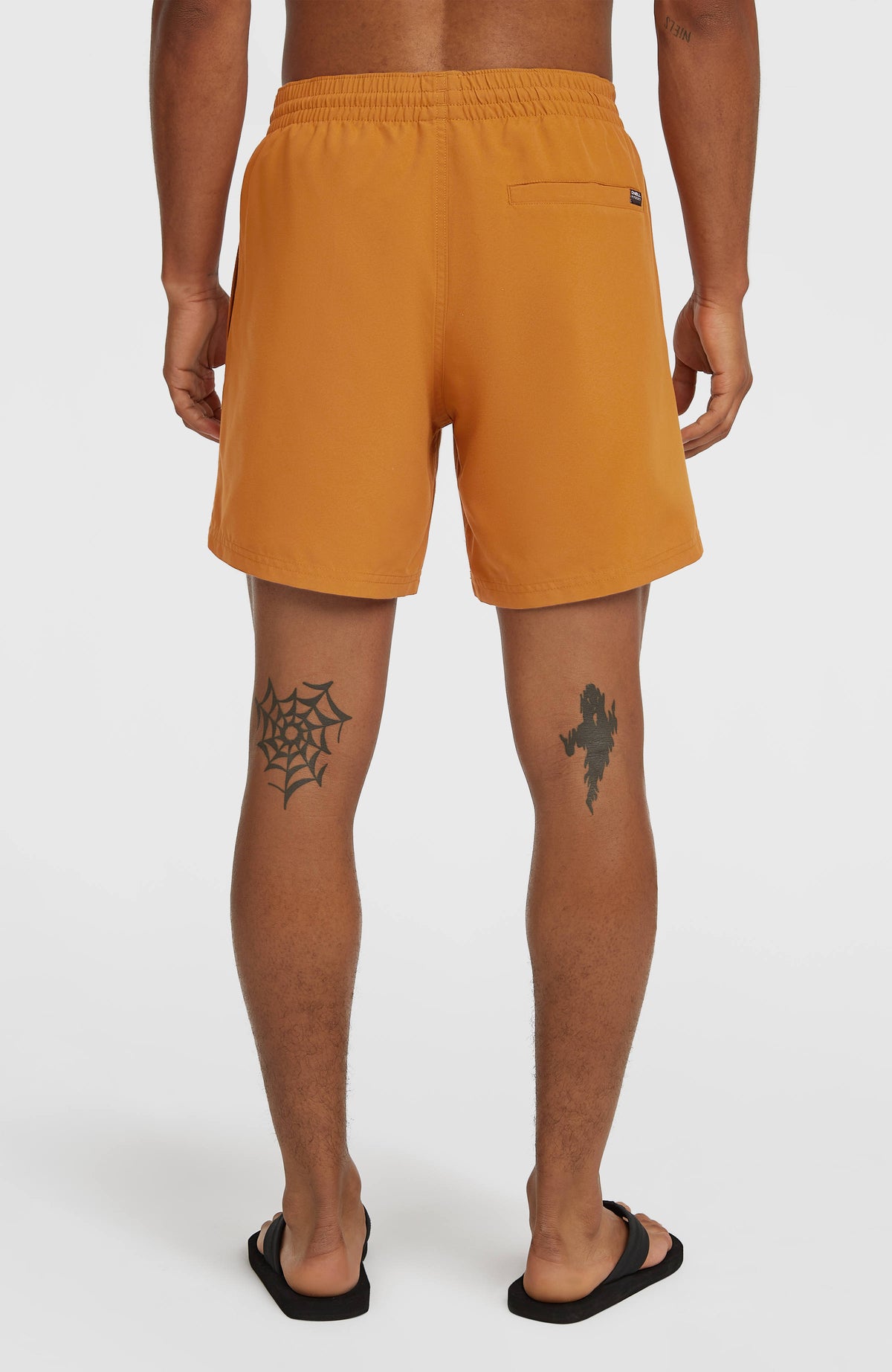 Cali 16'' Badehose für Herren, orange mit Logo-Print in Weiß, Rückansicht am Model mit eingelassener Gesäßtasche