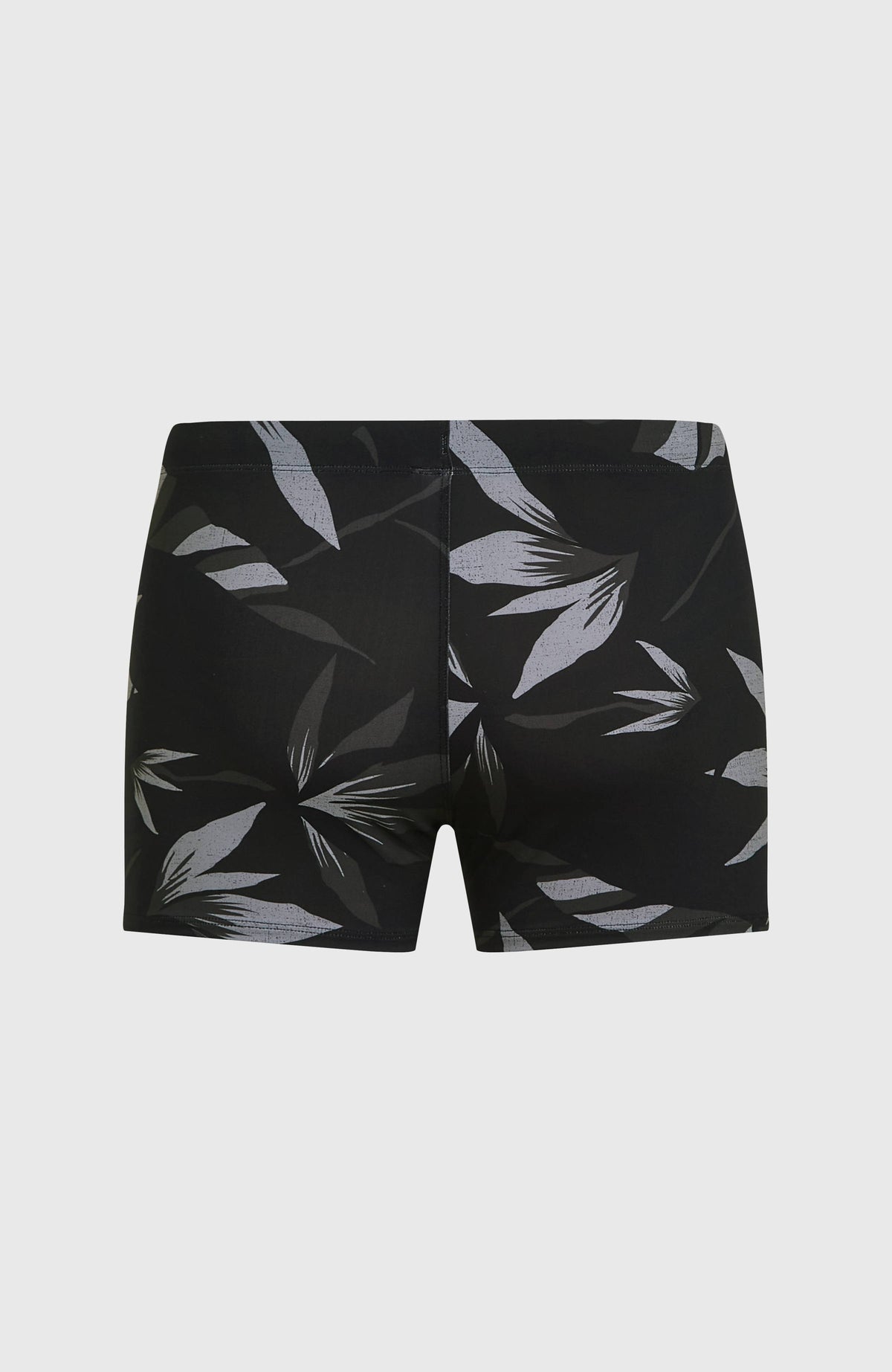 Essentials All-Over-Print Racer Badehose für Herren, schwarz mit Blättermuster in Grau, flach liegend von hinten