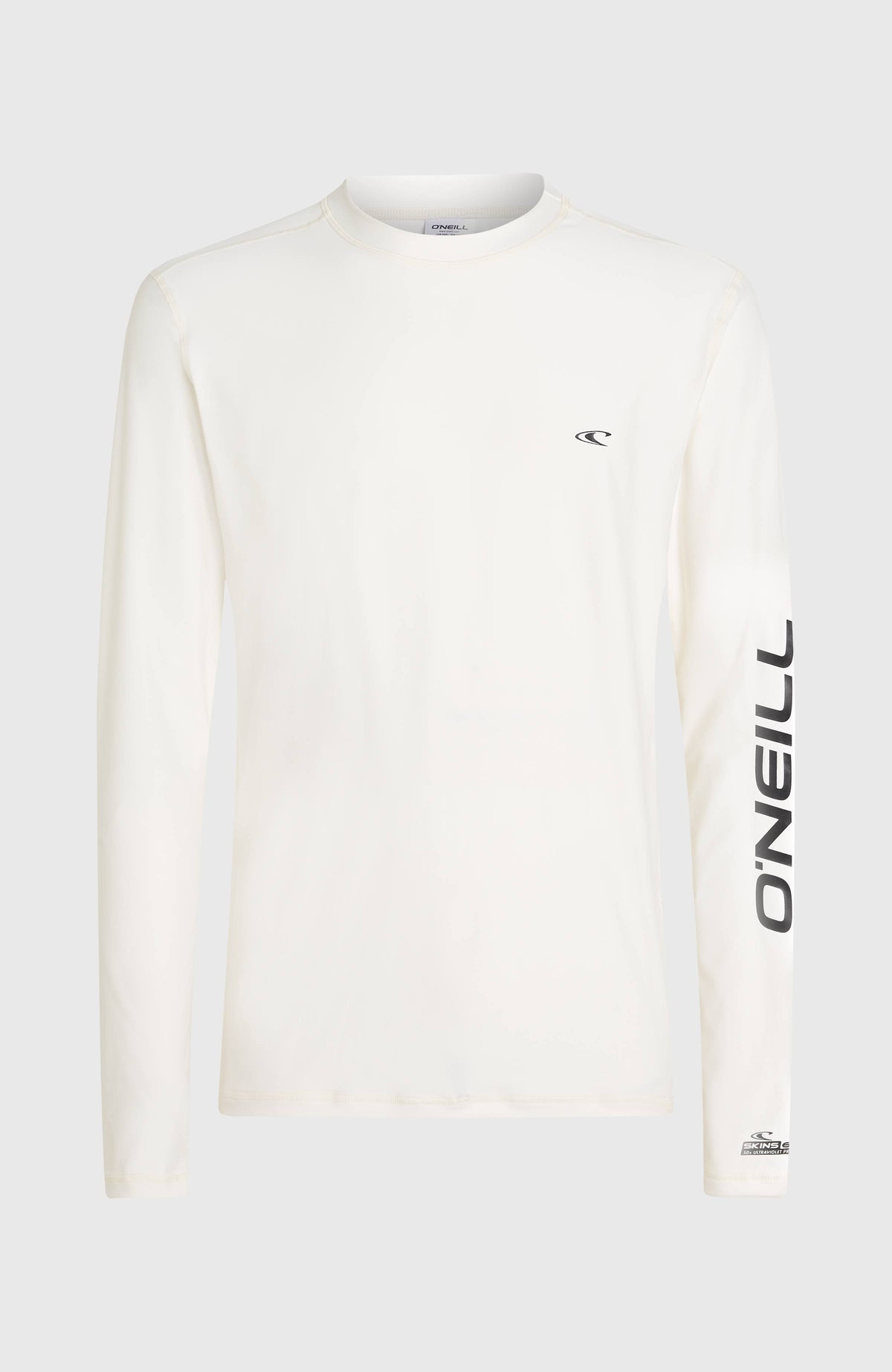 Weißes Longsleeve-UV-Shirt für Herren mit Logo-Print in Schwarz, freigestellt von vorne mit rundem Halsausschnitt