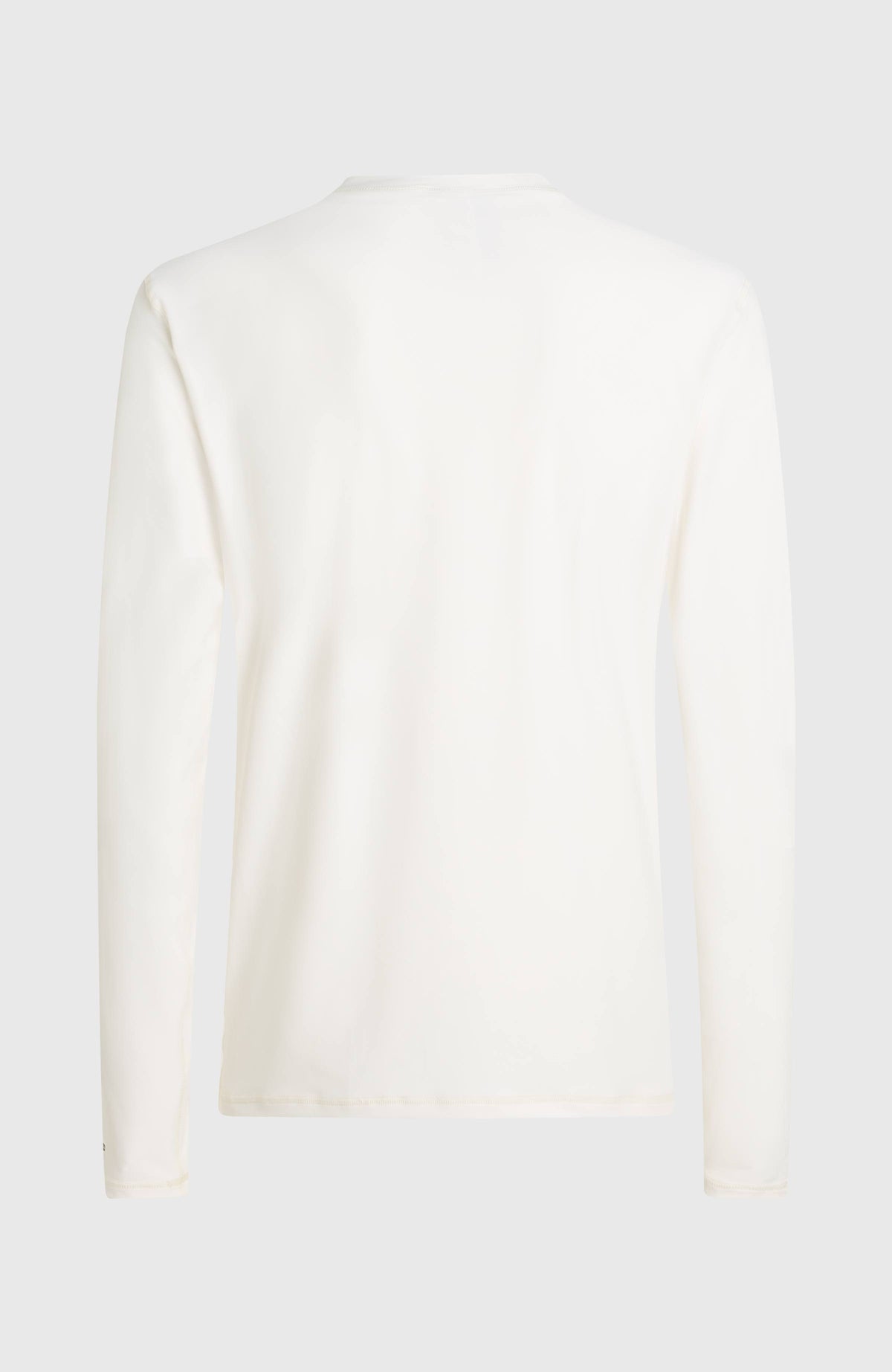 Weißes Longsleeve-UV-Shirt für Herren mit Logo-Print in Schwarz, freigestellt von hinten mit langen Ärmeln