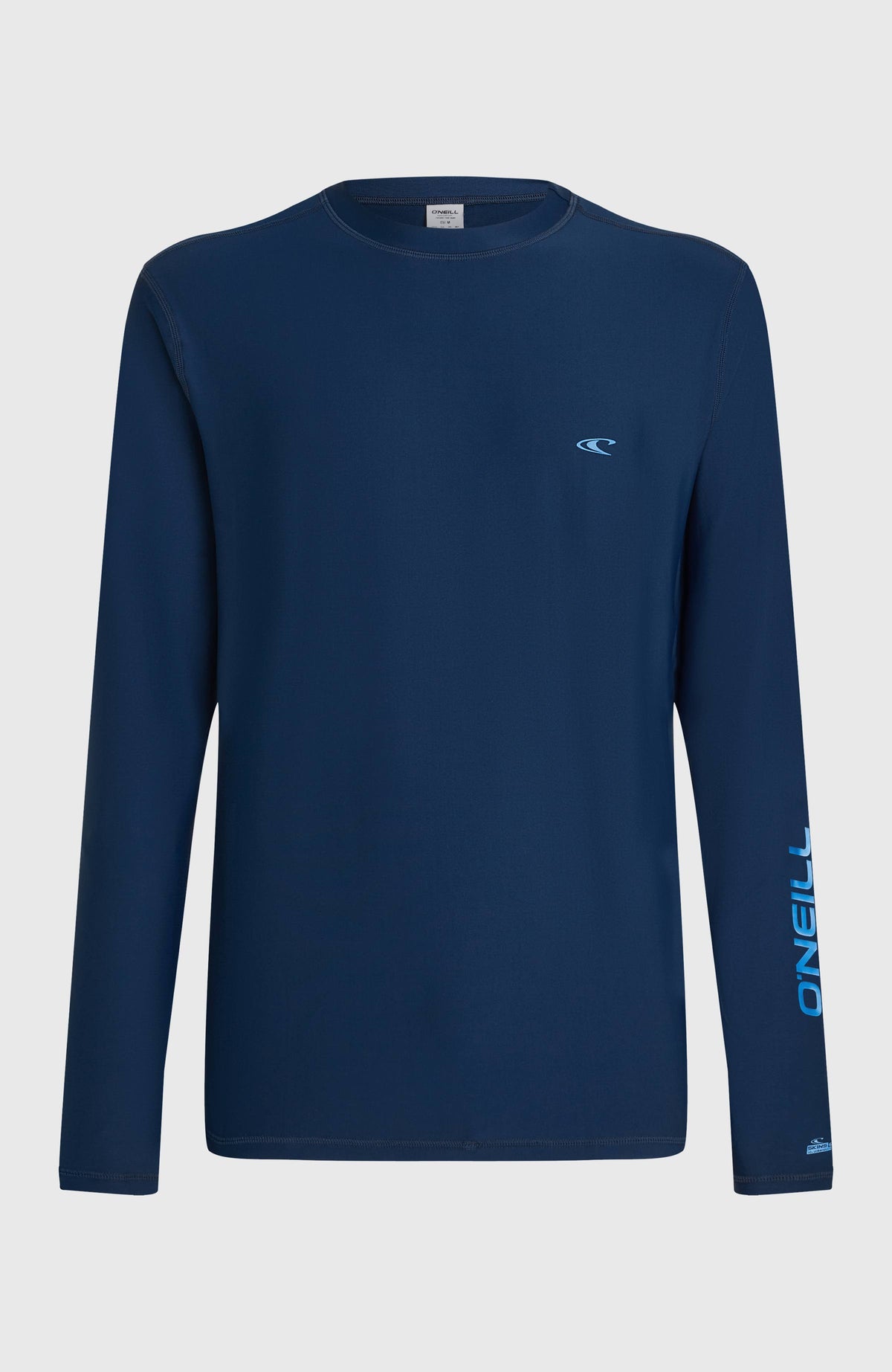 Blaues Longsleeve-UV-Shirt für Herren mit Logo-Print in Hellblau am linken Ärmel, freigestellt von vorne