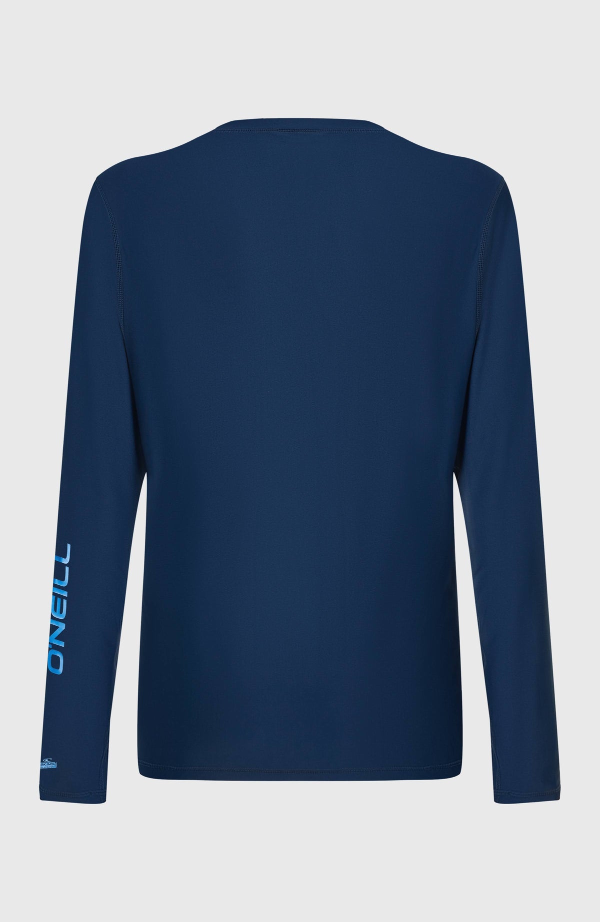 Blaues Longsleeve-UV-Shirt für Herren mit Logo-Print in Hellblau am linken Ärmel, freigestellt von hinten
