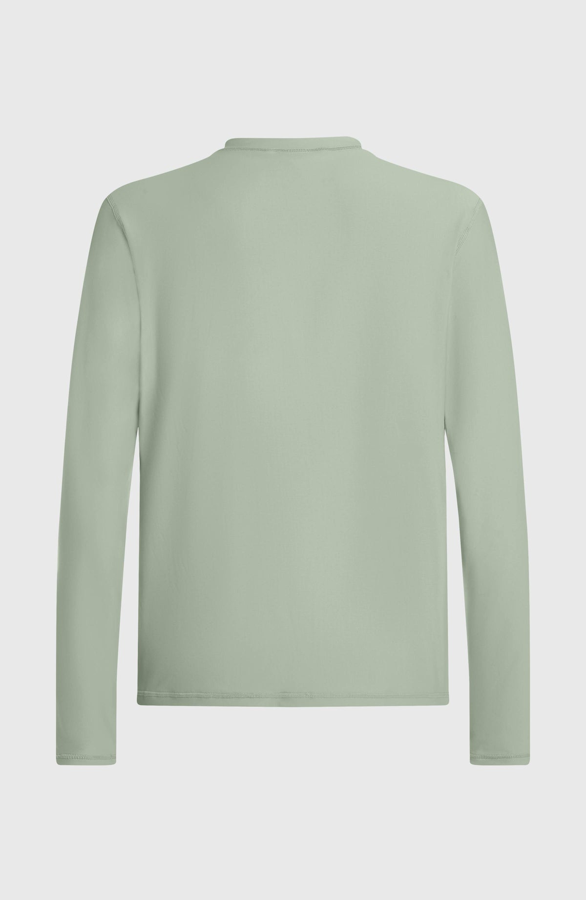 Grünes Longsleeve-UV-Shirt für Herren, flach liegend von hinten mit schlichtem Rundhalsausschnitt und Steppnähten