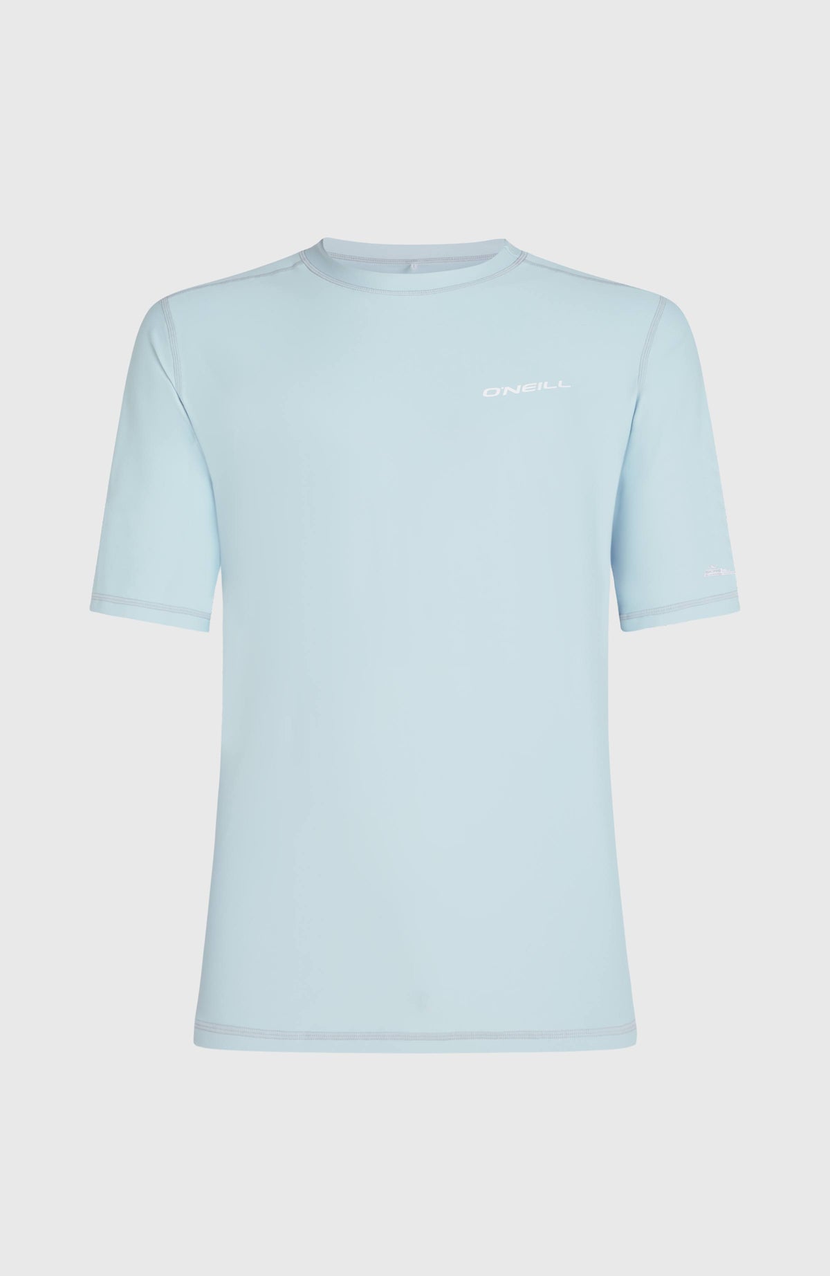 Shortsleeve-UV-Shirt für Herren, blau, freigestellt von vorne mit weißem Logo-Print und Rundhalsausschnitt