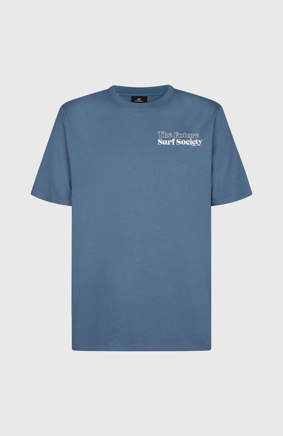 O'Neill Future Surf Society T-Shirt für Herren, blau mit Schriftzug-Print in Weiß, flach liegend von vorne