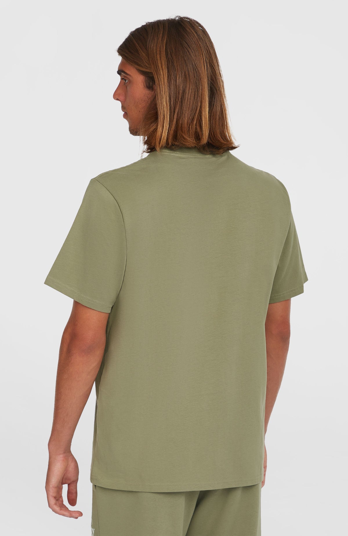 Future Surf Society T-Shirt für Herren, grün mit Logo-Print in Weiß, Rückansicht am Model