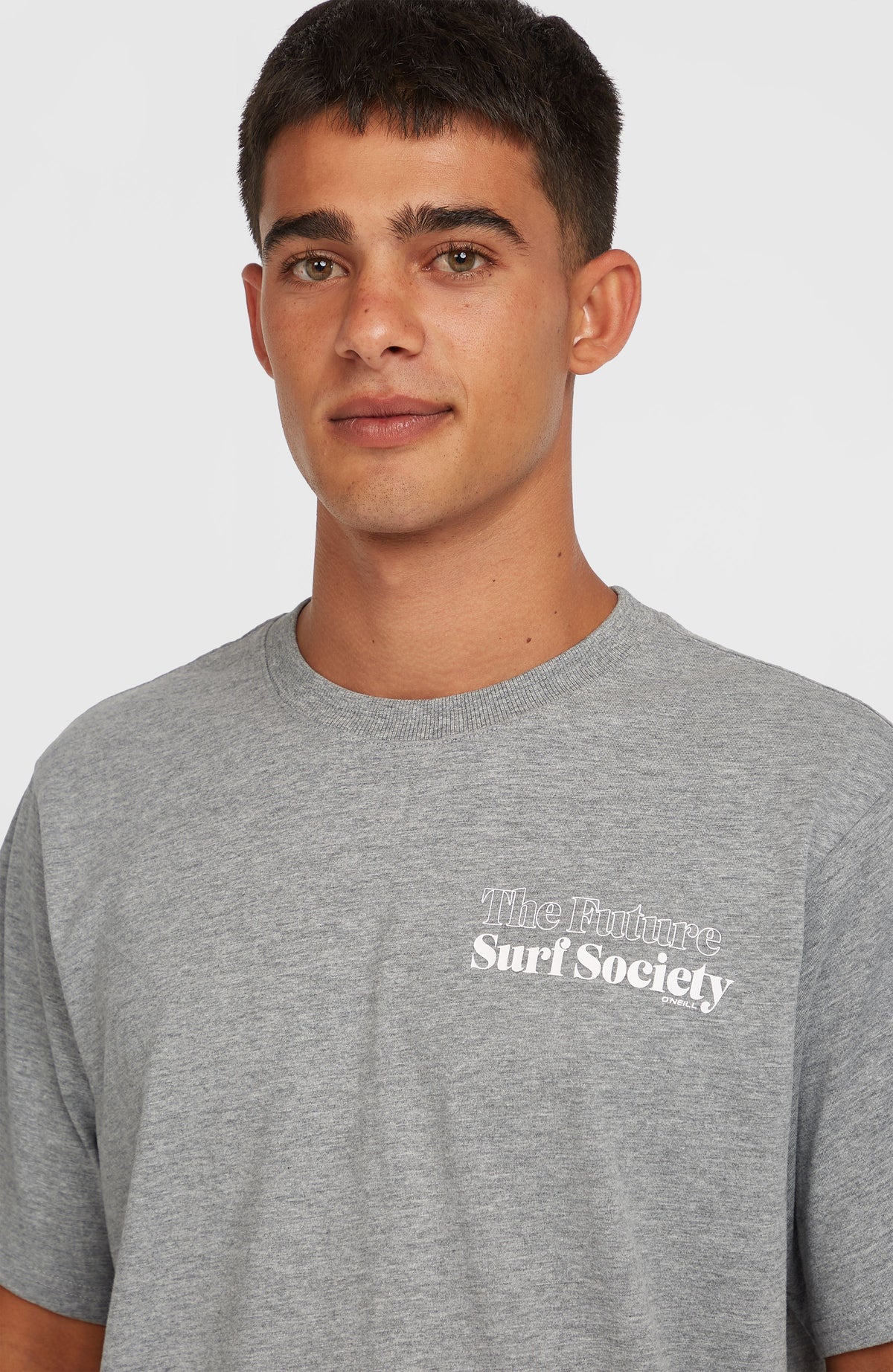 Nahaufnahme von Rundhalsausschnitt und Logo-Print des grauen Future Surf Society T-Shirts für Herren