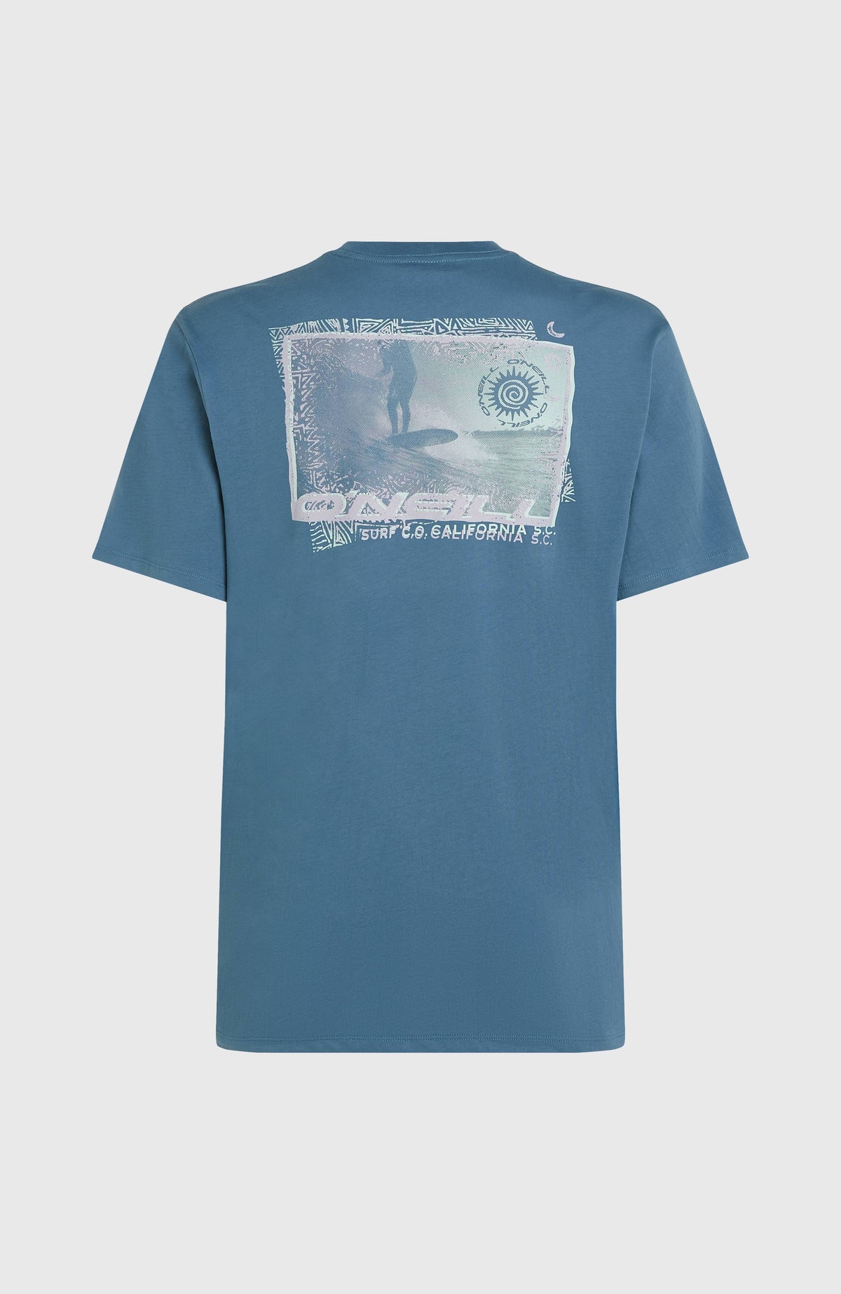 Blaues Photo Print T-Shirt für Herren mit Foto-Print in Weiß, freigestellt von hinten mit großem Rückenprint