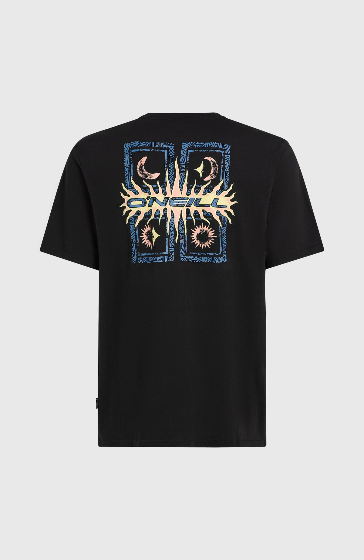 Retro Graphic T-Shirt für Herren, schwarz mit Grafik-Print in Blau und Gelb, freigestellt von hinten