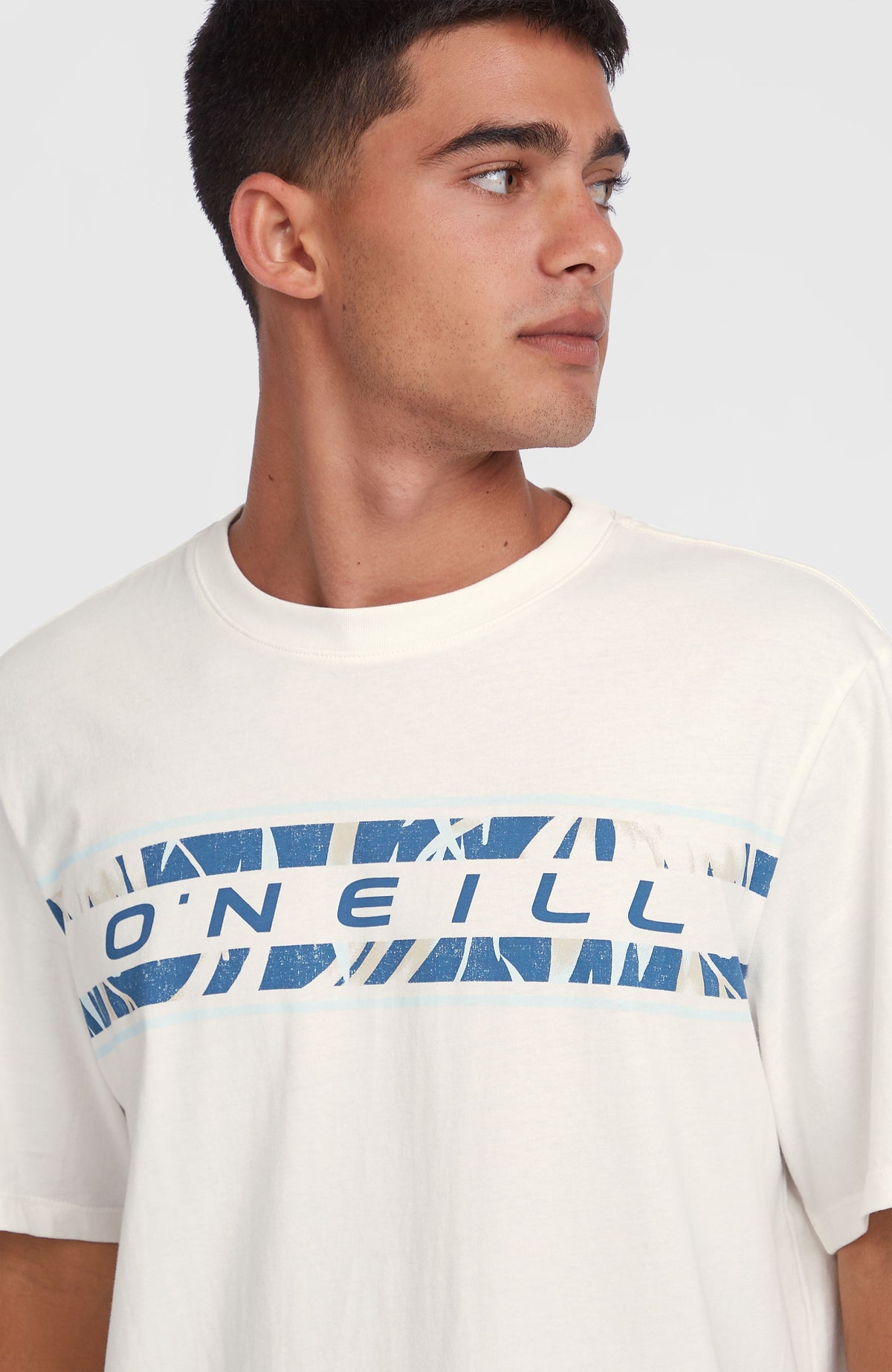Weißes Front Graphic T-Shirt für Herren, Nahaufnahme des Logo-Prints in Blau und des Rundhalsausschnitts