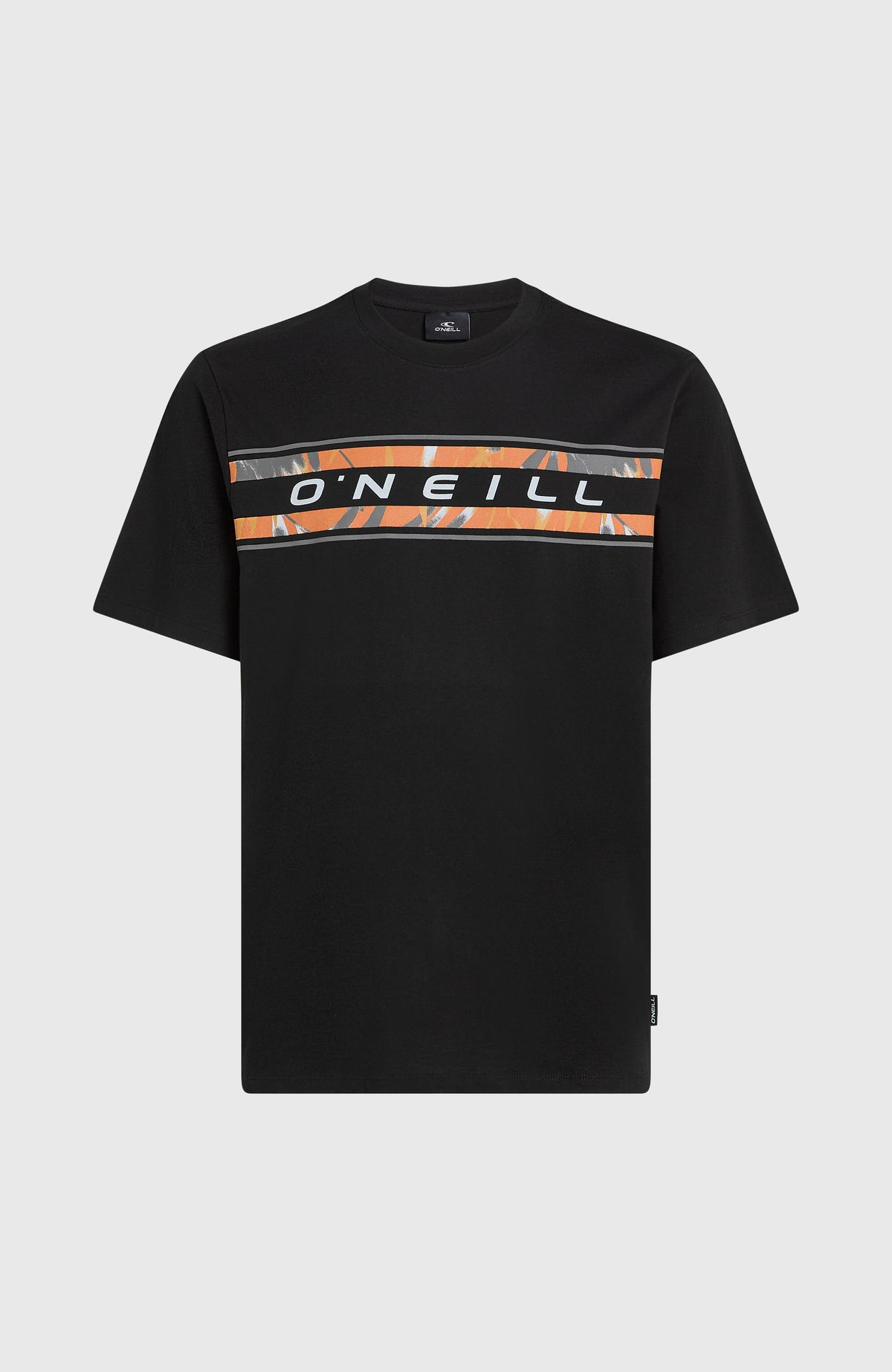 Front Graphic T-Shirt für Herren, schwarz mit Logo-Print in Orange und Grau, flach liegend von vorne