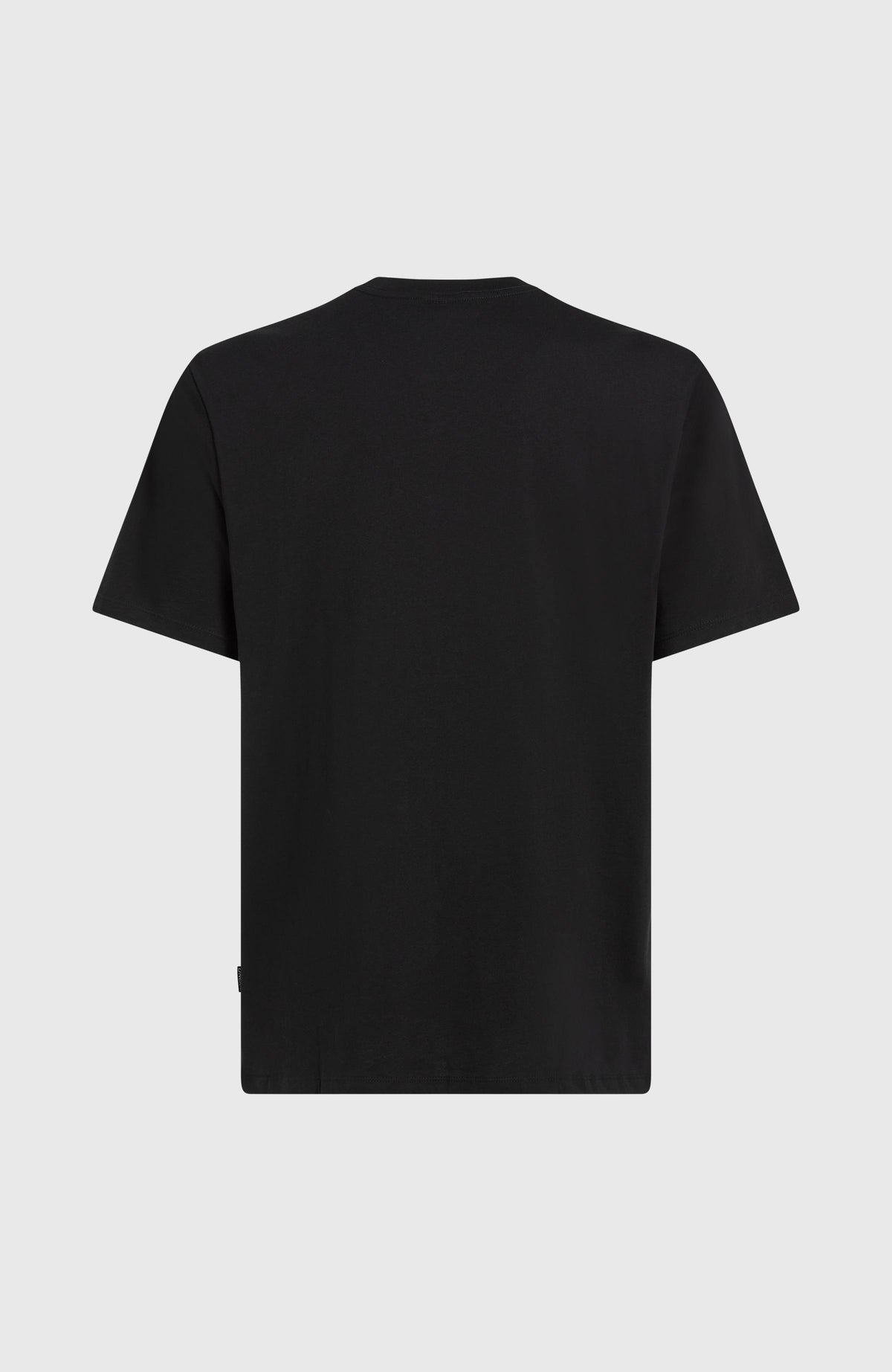 Schwarzes Front Graphic T-Shirt für Herren, flach liegend von hinten, unifarben mit geradem Saum