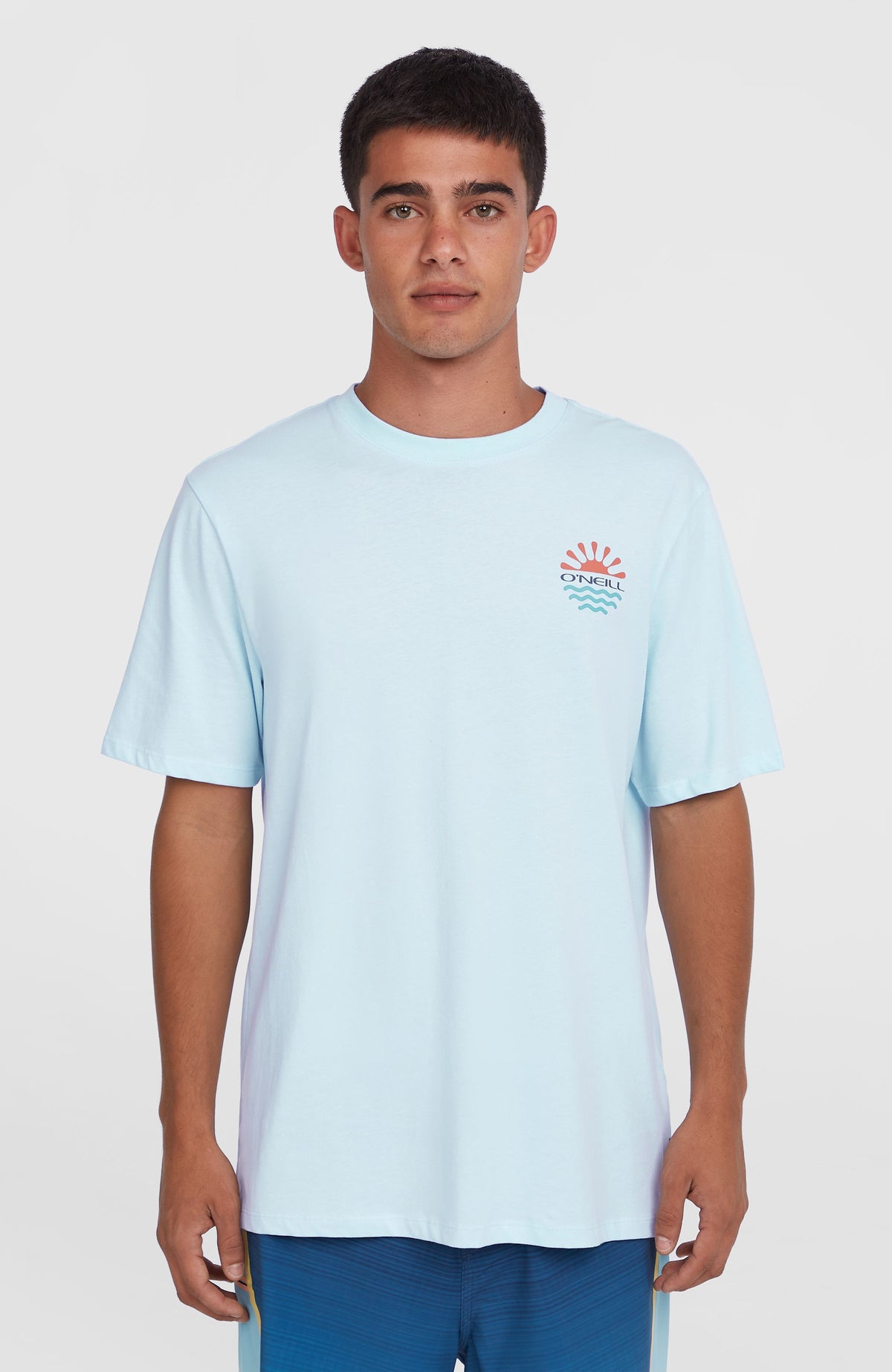 O'Neill Sun T-Shirt für Herren, blau mit Logo-Print in Orange und Türkis, Vorderansicht am Model