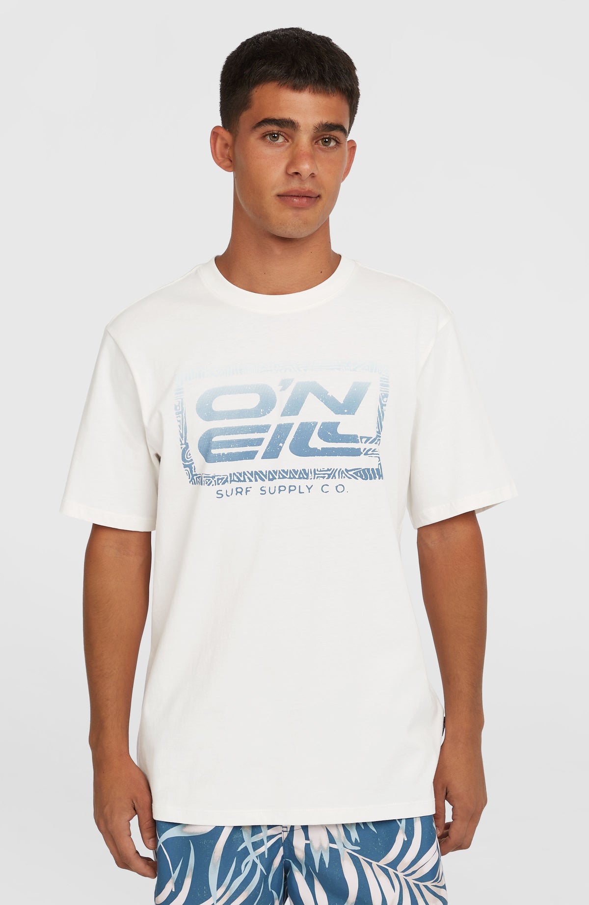 O'Neill Gradient T-Shirt für Herren, weiß mit Logo-Print in Blau, Vorderansicht am Model