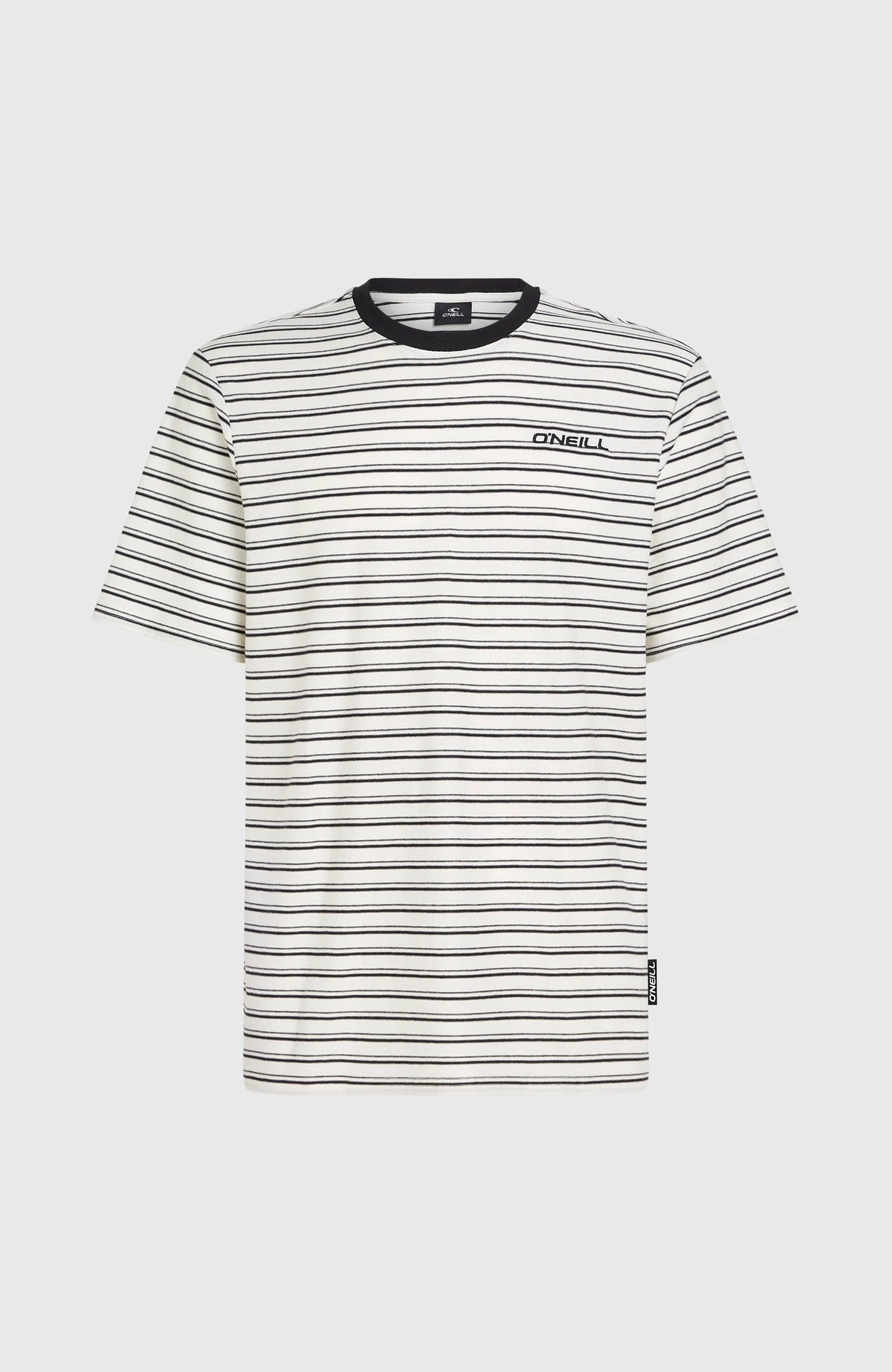 Yarn Stripe T-Shirt für Herren, weiß mit Streifenmuster in Schwarz, flach liegend von vorne mit Logo-Print