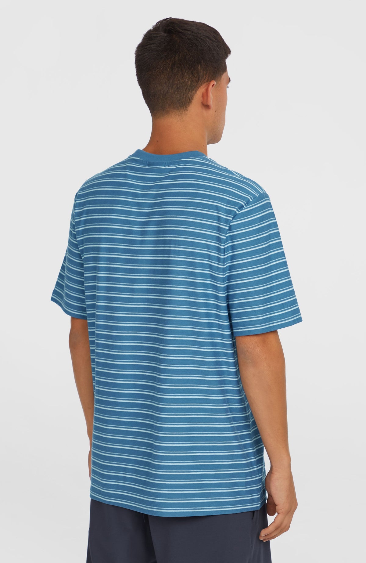 Yarn Stripe T-Shirt für Herren, blau mit Streifenmuster in Weiß und Hellblau, Rückansicht am Model