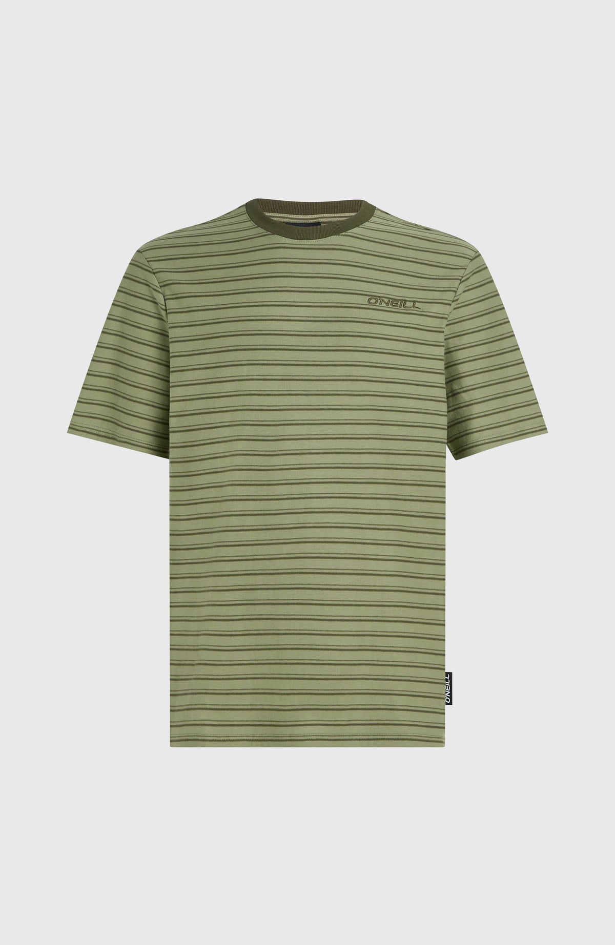 Yarn Stripe T-Shirt für Herren, grün mit Streifenmuster in Dunkelgrün, flach liegend von vorne, Logo-Label am Saum