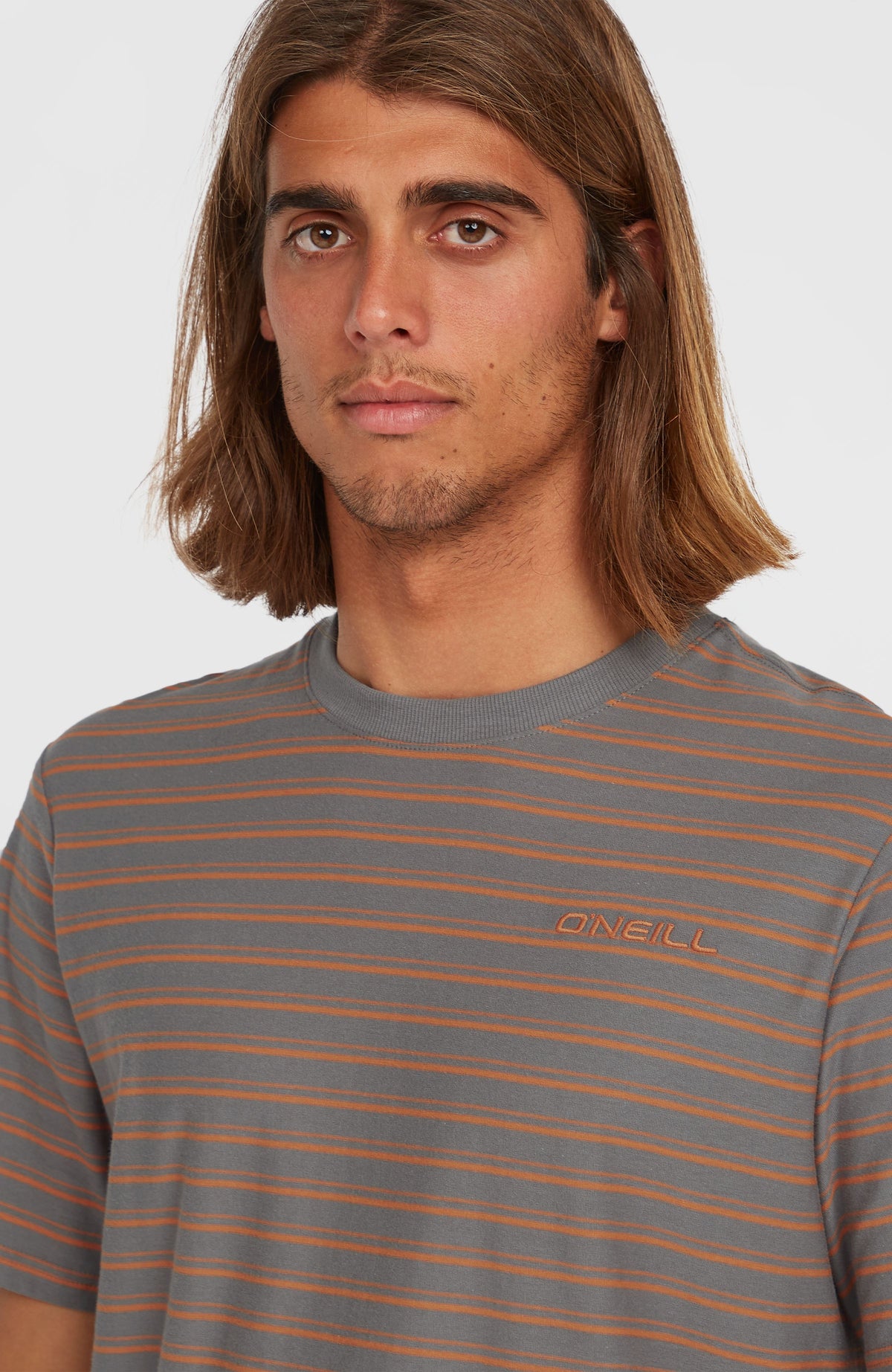Nahaufnahme von Rundhalsausschnitt und Logo-Stickerei des grauen Yarn Stripe T-Shirts, am Model
