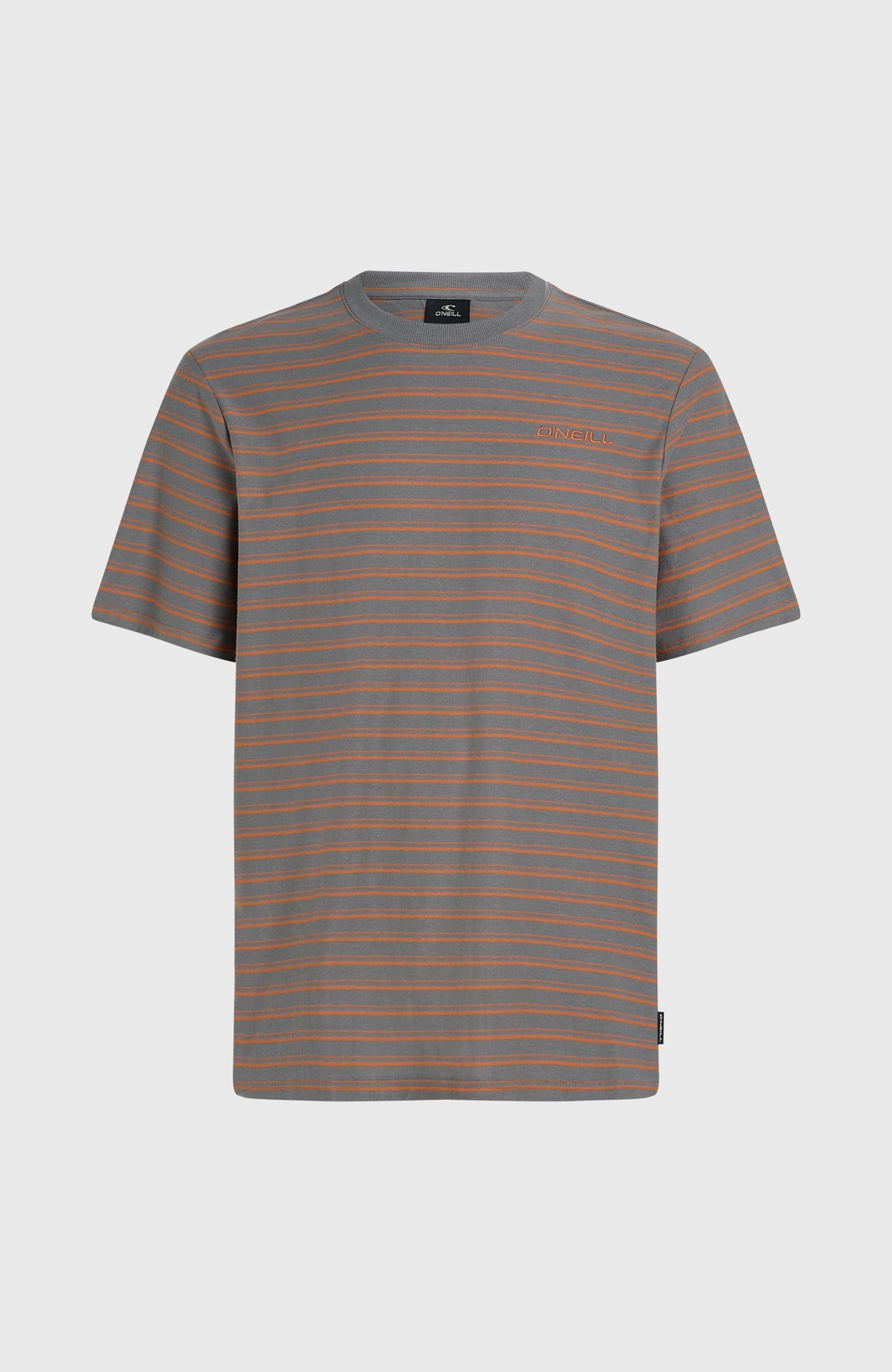 Yarn Stripe T-Shirt für Herren, grau mit Streifenmuster in Orange, freigestellt von vorne