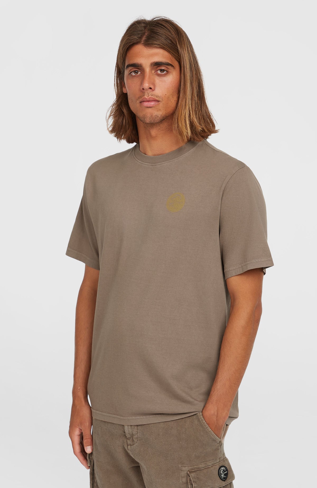 O'Neill O'Riginals Vintage Graphic T-Shirt für Herren, braun mit Grafik-Print in Gelb, Vorderansicht am Model