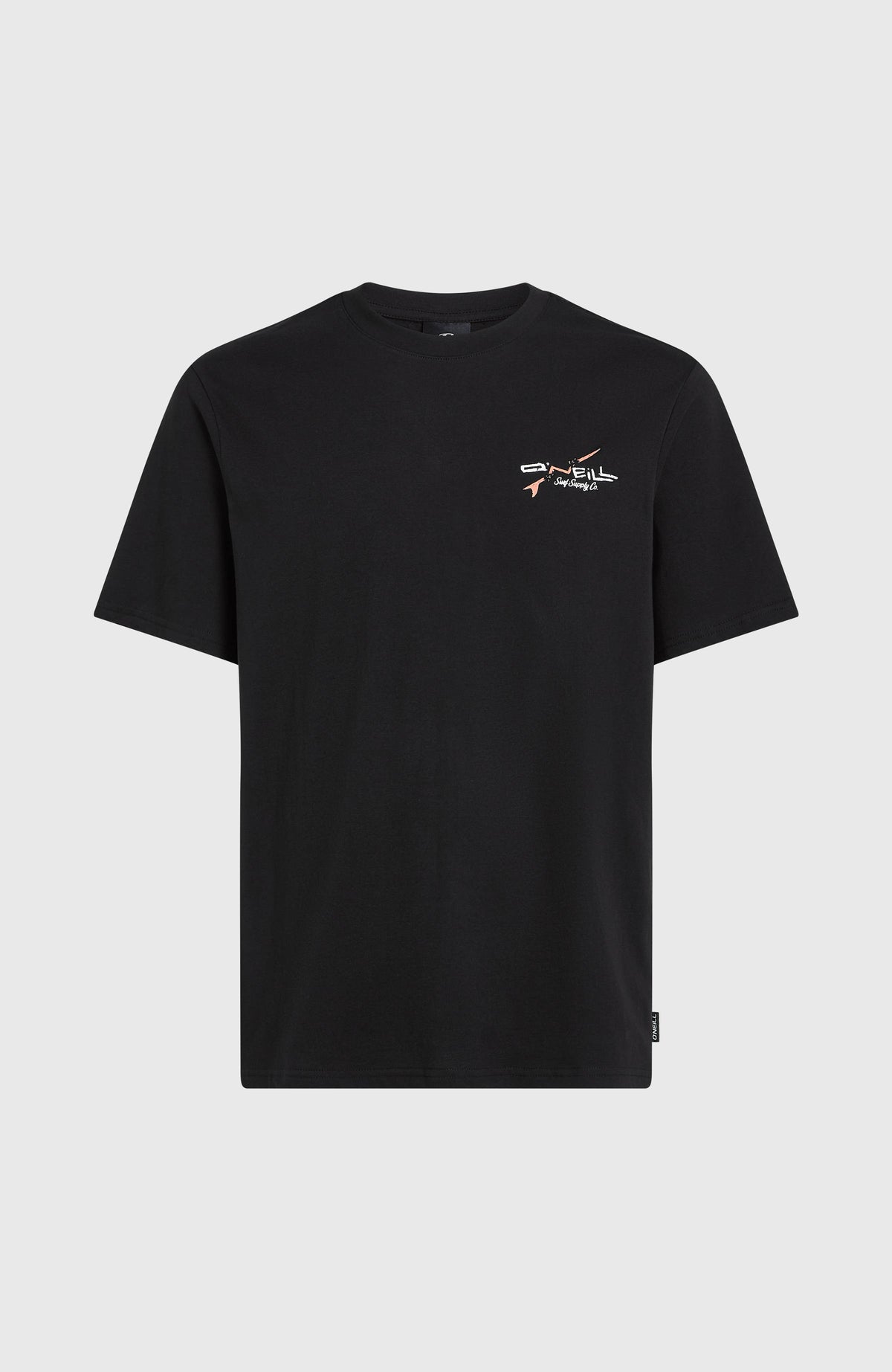 Schwarzes Retro Back Print T-Shirt für Herren mit kleinem Logo-Print in Weiß und Orange, freigestellt von vorne