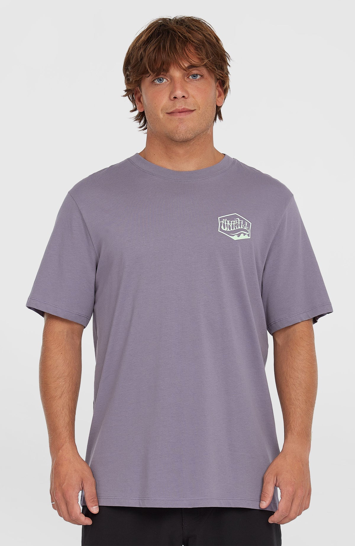 O'Neill Box Logo T-Shirt für Herren, lila mit Logo-Print in Mintgrün auf der Brust, Vorderansicht am Model