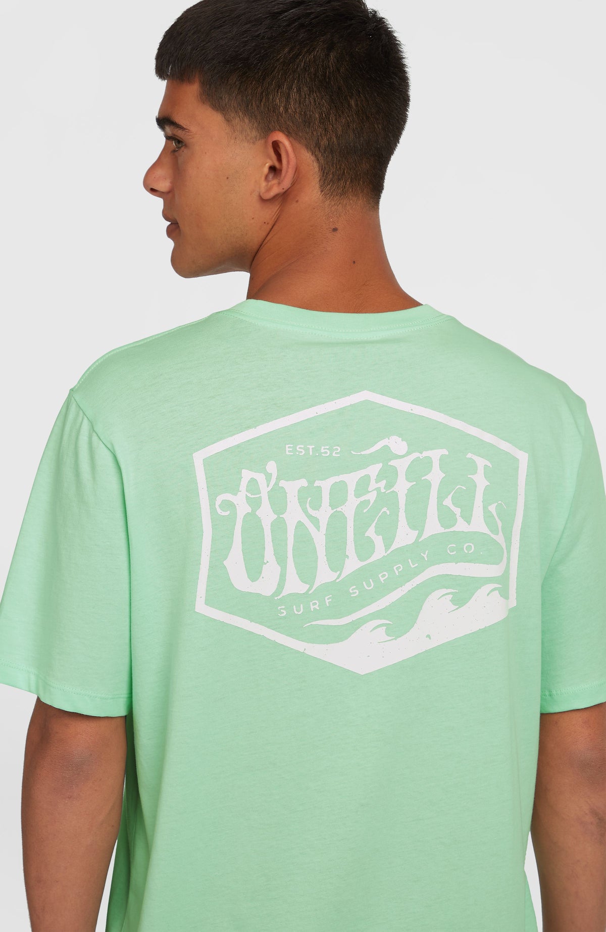 Nahaufnahme des großen Logo-Prints am Rücken des grünen Box Logo T-Shirts, am Model