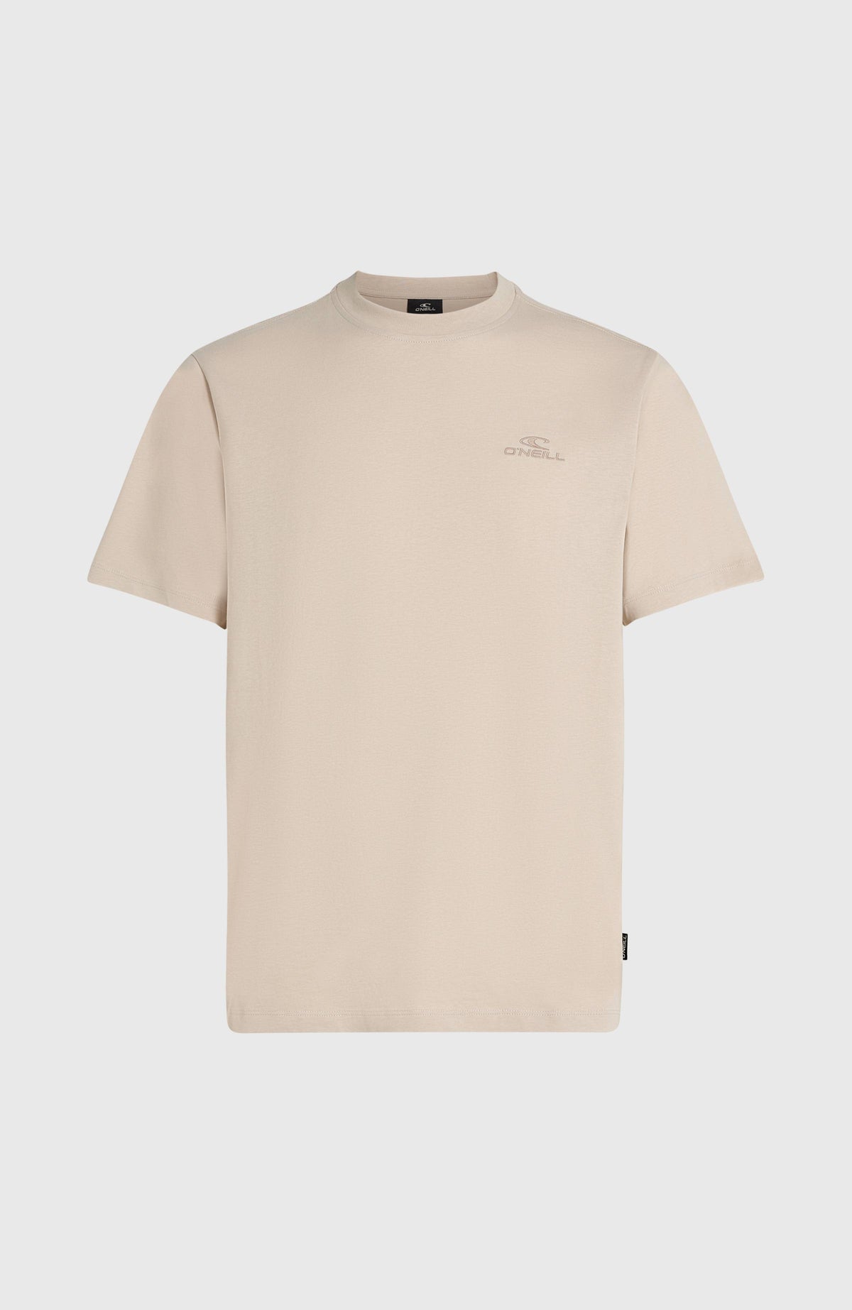 Small Logo T-Shirt für Herren, beige, freigestellt von vorne mit kleinem Logo-Schriftzug