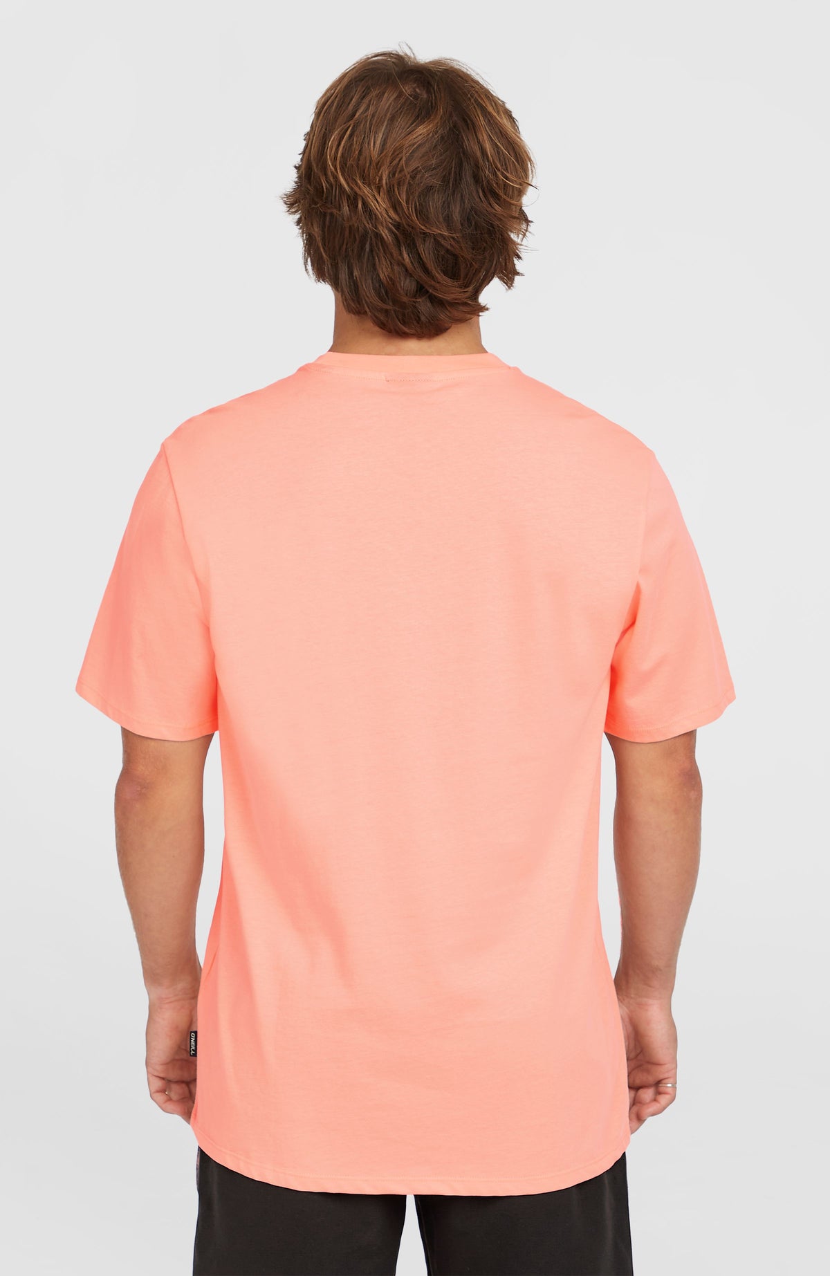 Logo T-Shirt für Herren, pink mit Logo-Print in Weiß, Rückansicht am Model mit Flag-Label am Saum