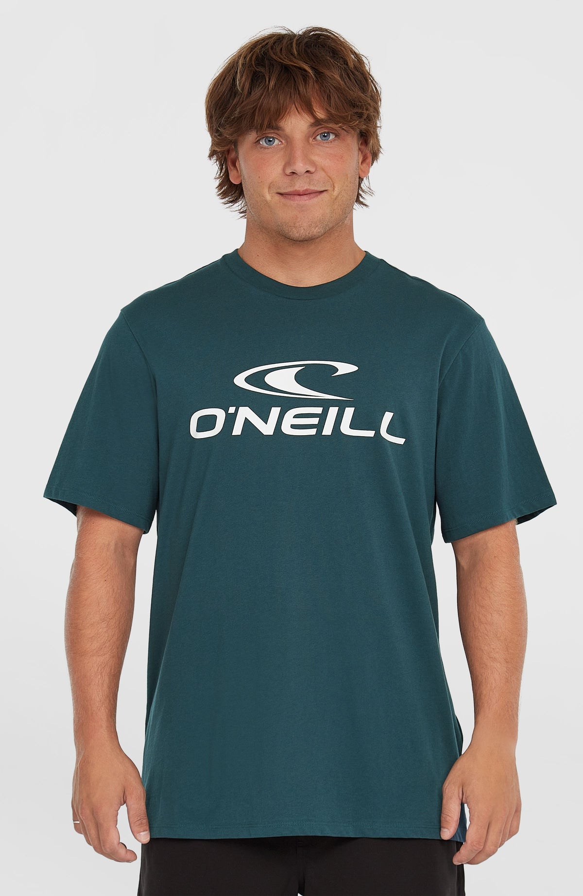 O'Neill Logo T-Shirt für Herren, blau mit Logo-Print in Weiß auf der Vorderseite, Ansicht am Model