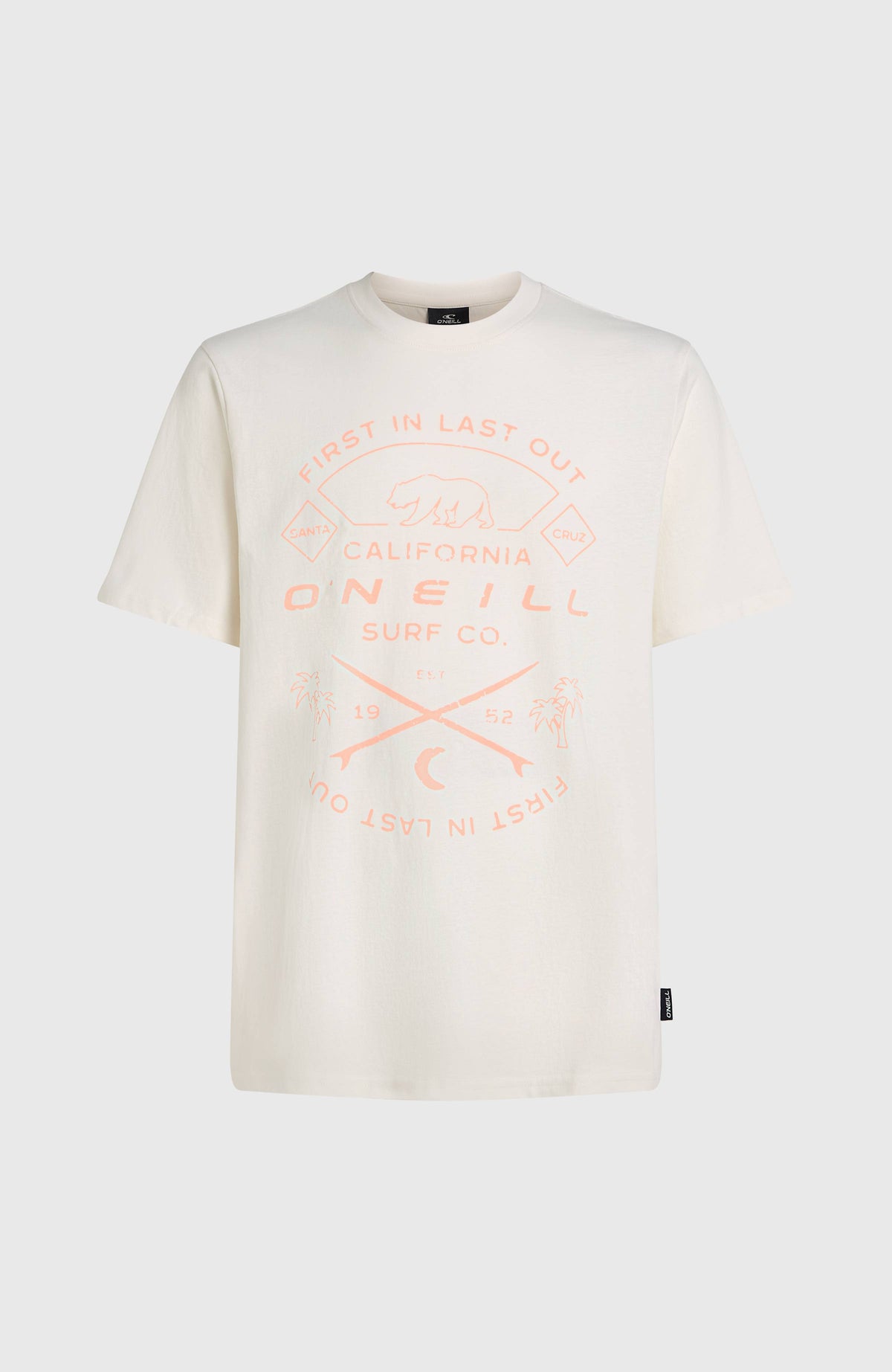 Jack O'Neill Muir T-Shirt für Herren, weiß mit Grafik-Print in Orange, freigestellt von vorne
