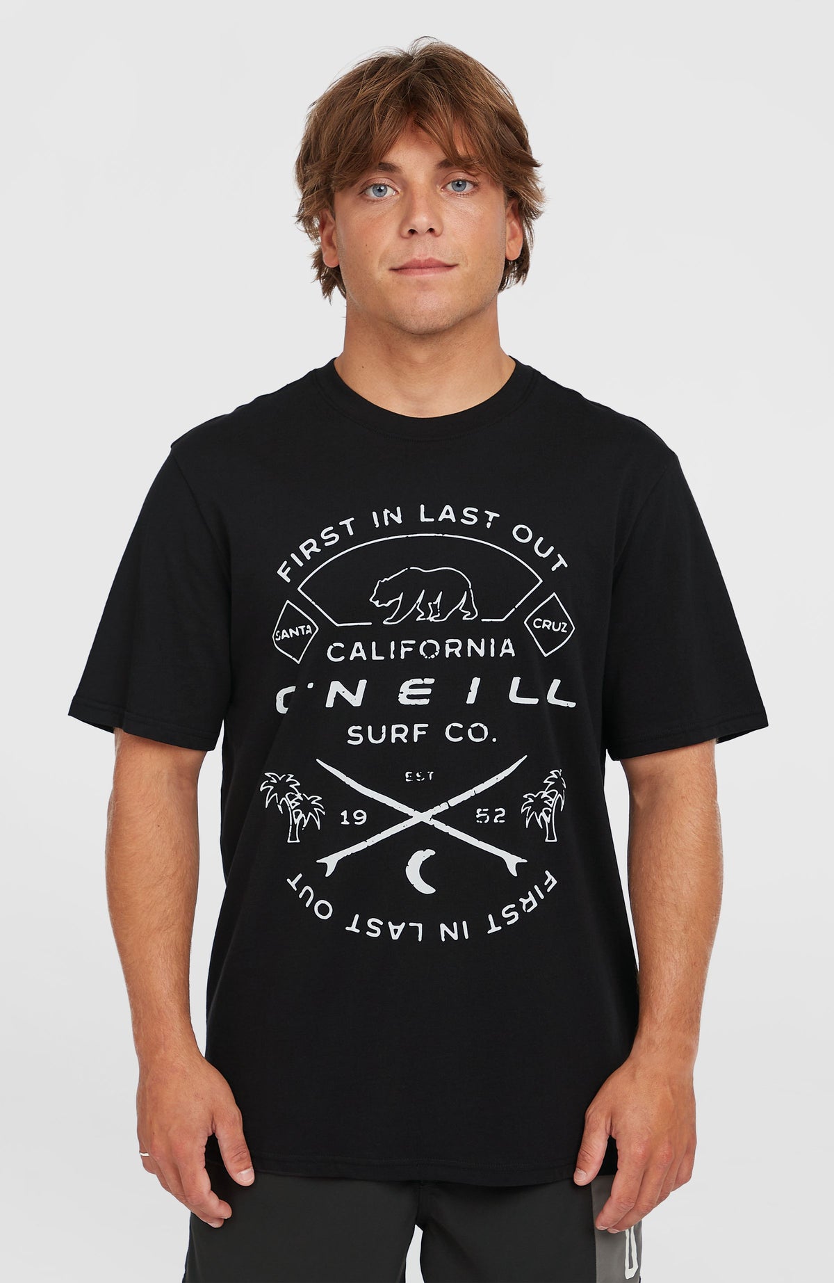 O'Neill Jack O'Neill Muir T-Shirt für Herren, schwarz mit Logo-Print in Weiß, Vorderansicht am Model
