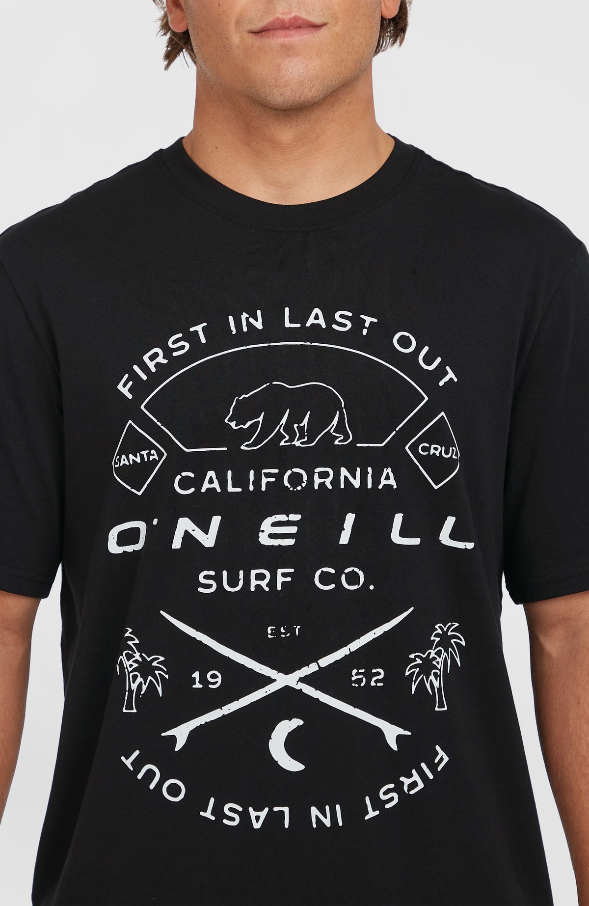 Nahaufnahme des Logo-Prints auf dem schwarzen Jack O'Neill Muir T-Shirt am Model
