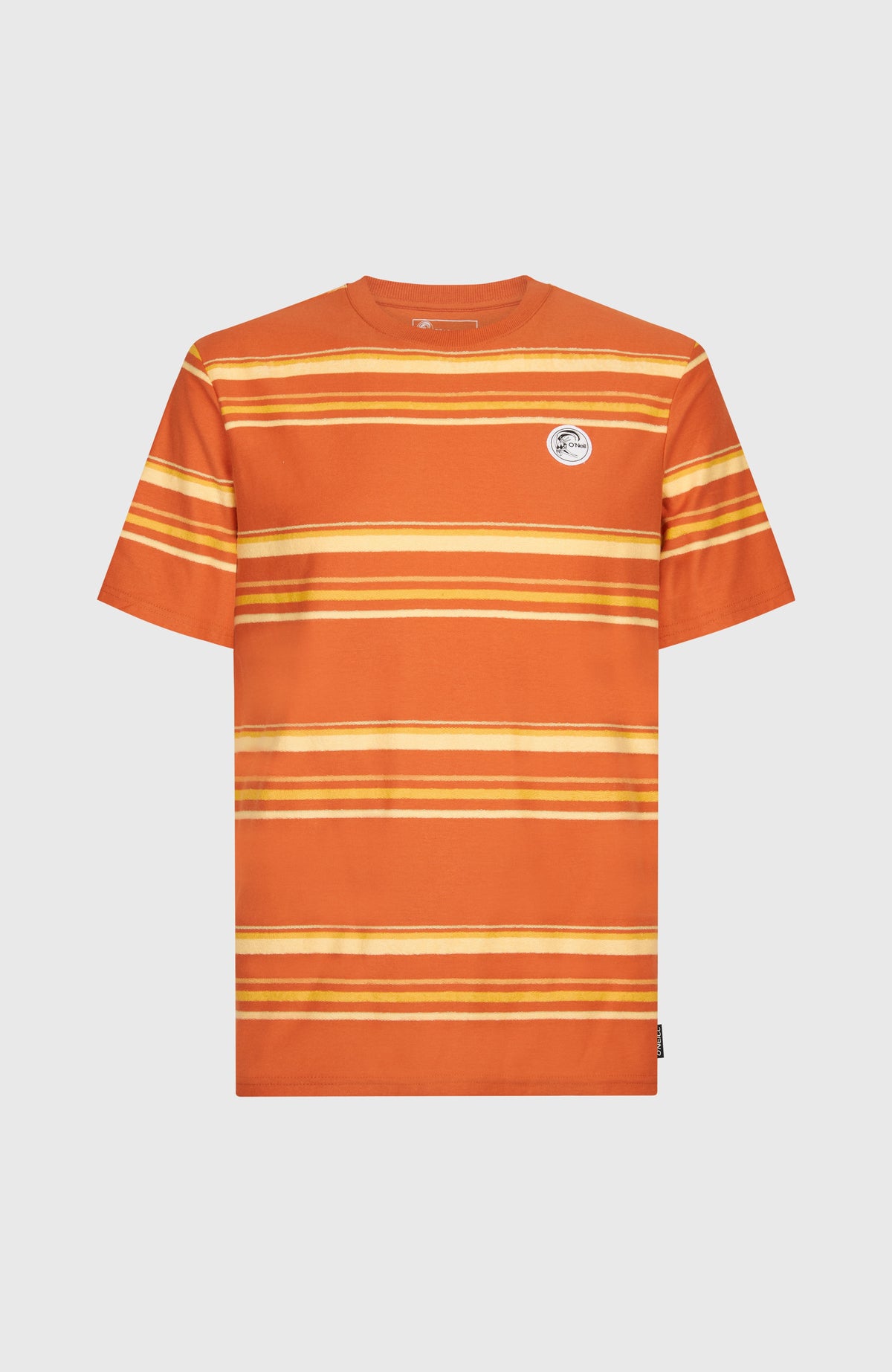 O'Riginals Stripe T-Shirt für Herren, orange mit Streifenmuster in Gelb und Weiß, freigestellt von vorne