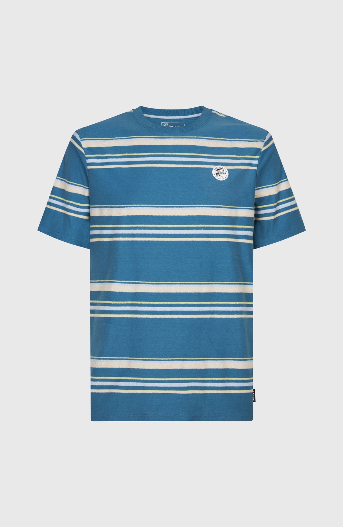O'Riginals Stripe T-Shirt für Herren, blau mit Streifenmuster in Weiß und Gelb, freigestellt von vorne
