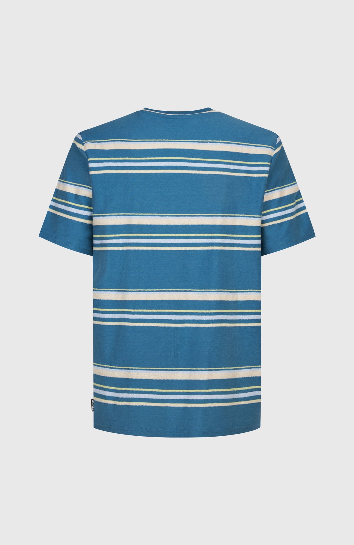 O'Riginals Stripe T-Shirt für Herren, blau mit Streifenmuster in Weiß und Gelb, freigestellt von hinten