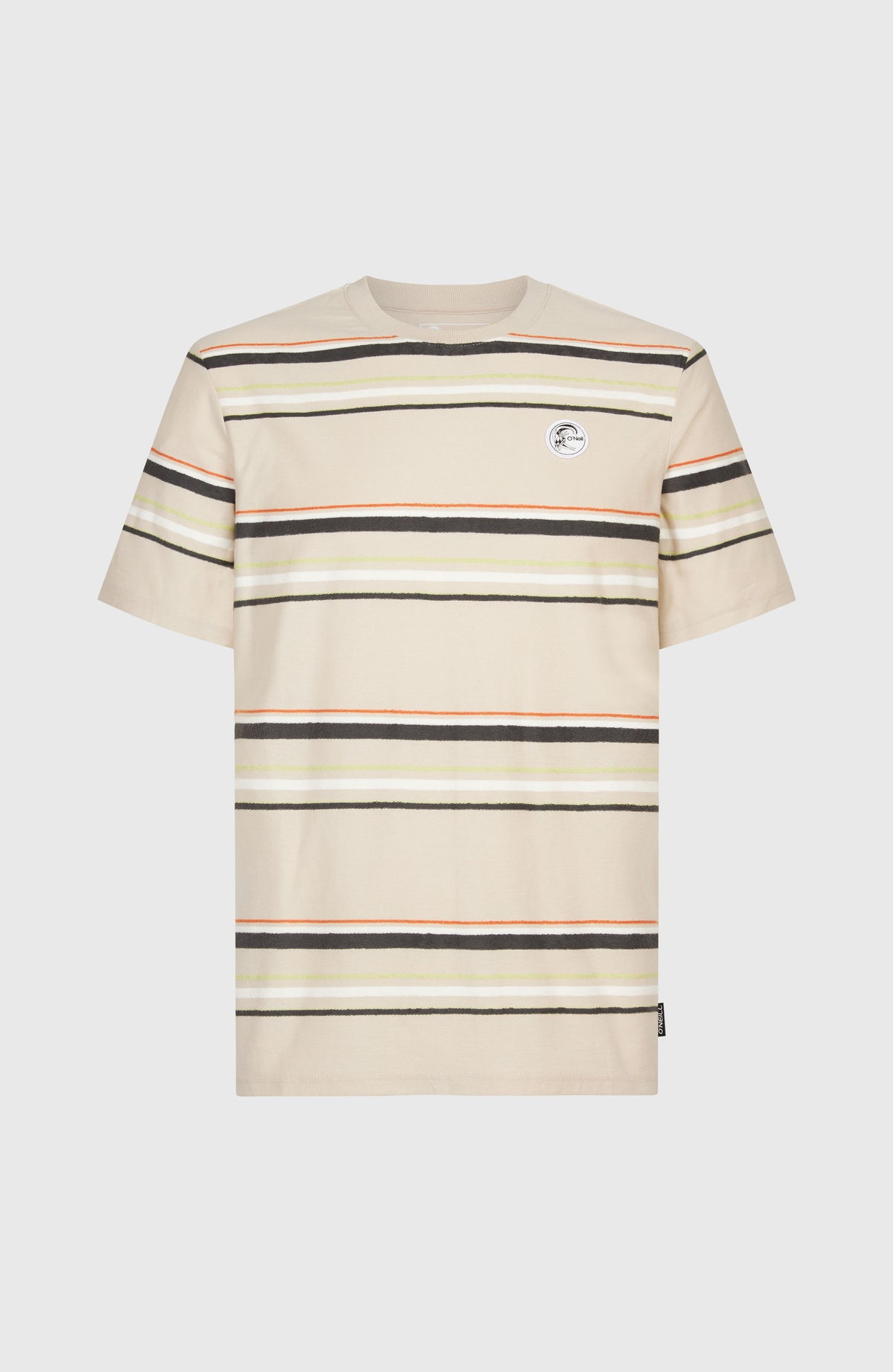 O'Riginals Stripe T-Shirt für Herren, beige mit Streifenmuster in Schwarz und Orange, freigestellt von vorne