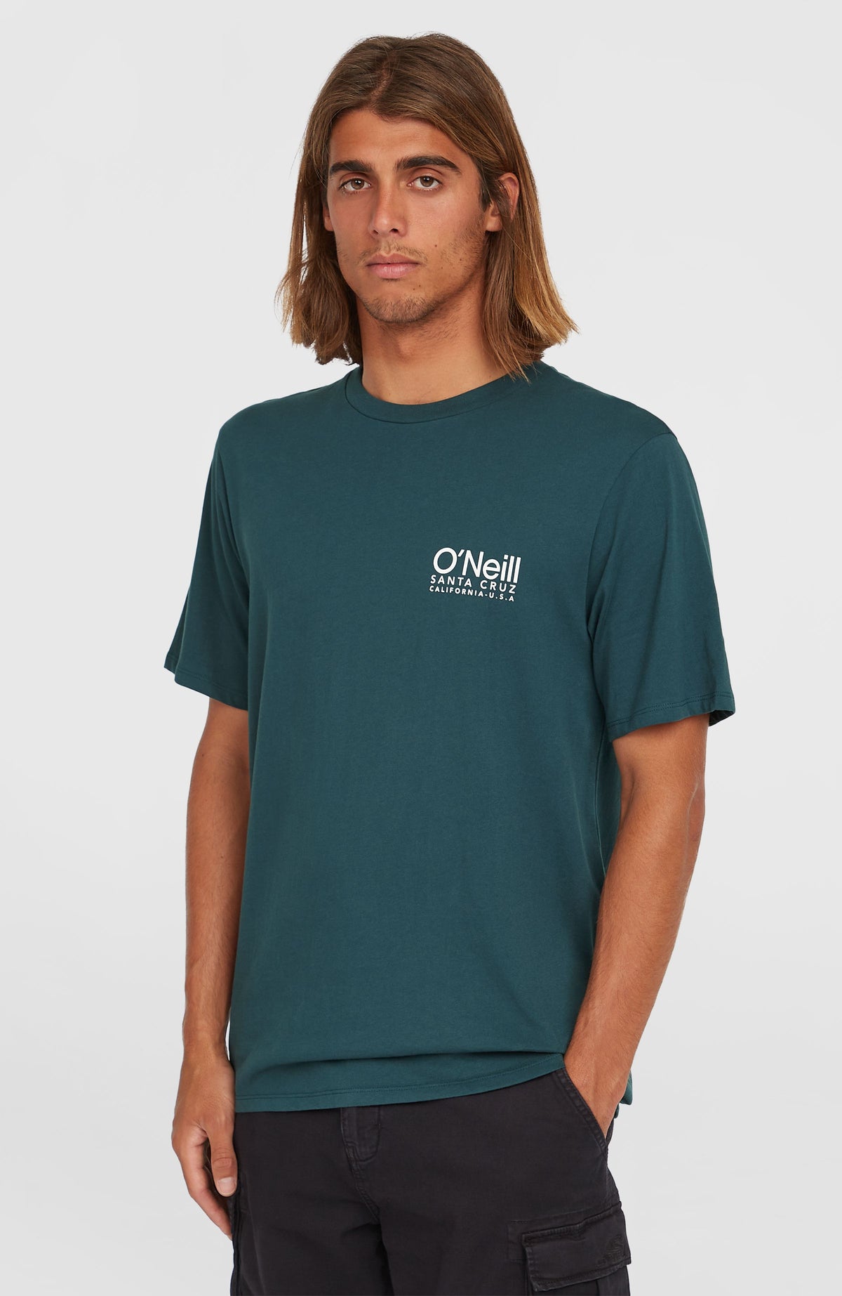 O'Neill Original Cali Logo T-Shirt für Herren, blau mit Logo-Print in Weiß, Vorderansicht am Model