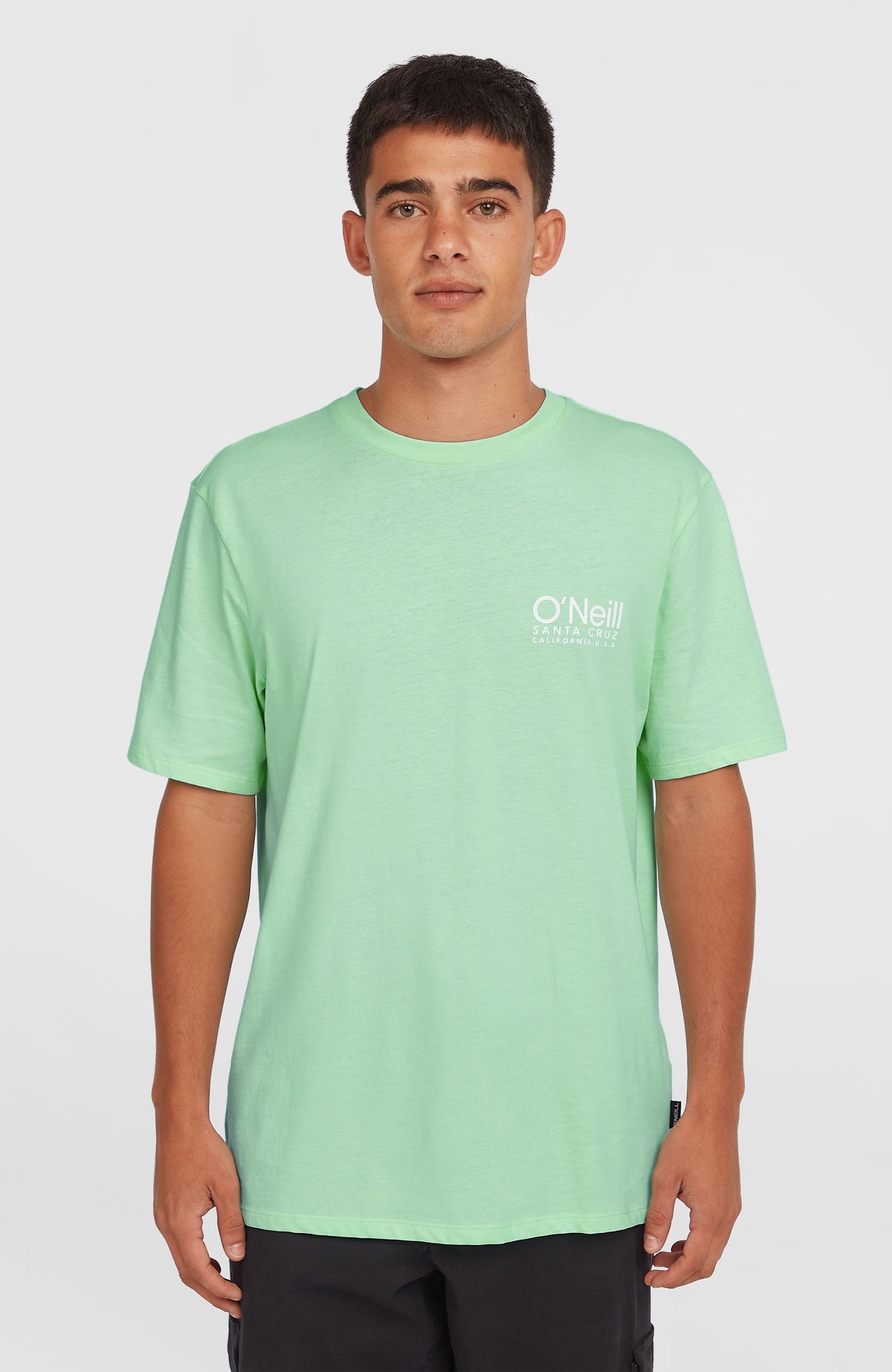 O'Neill Original Cali Logo T-Shirt für Herren, grün mit Logo-Print in Weiß, Vorderansicht am Model